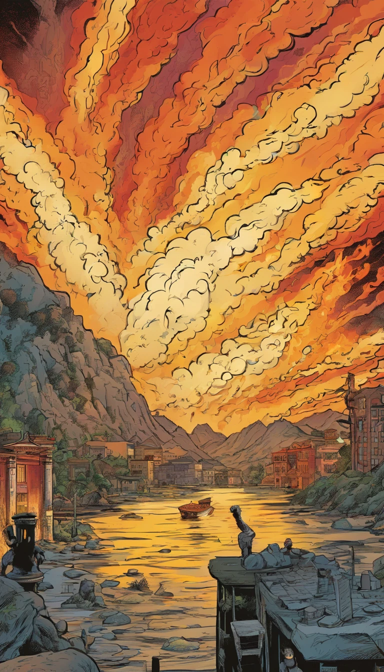 American comics,At the bottom there is a man with an exaggerated mouth wide open,Flames erupted from the mouth,It's like a volcanic eruption,Flames spread across the sky,Top-down view