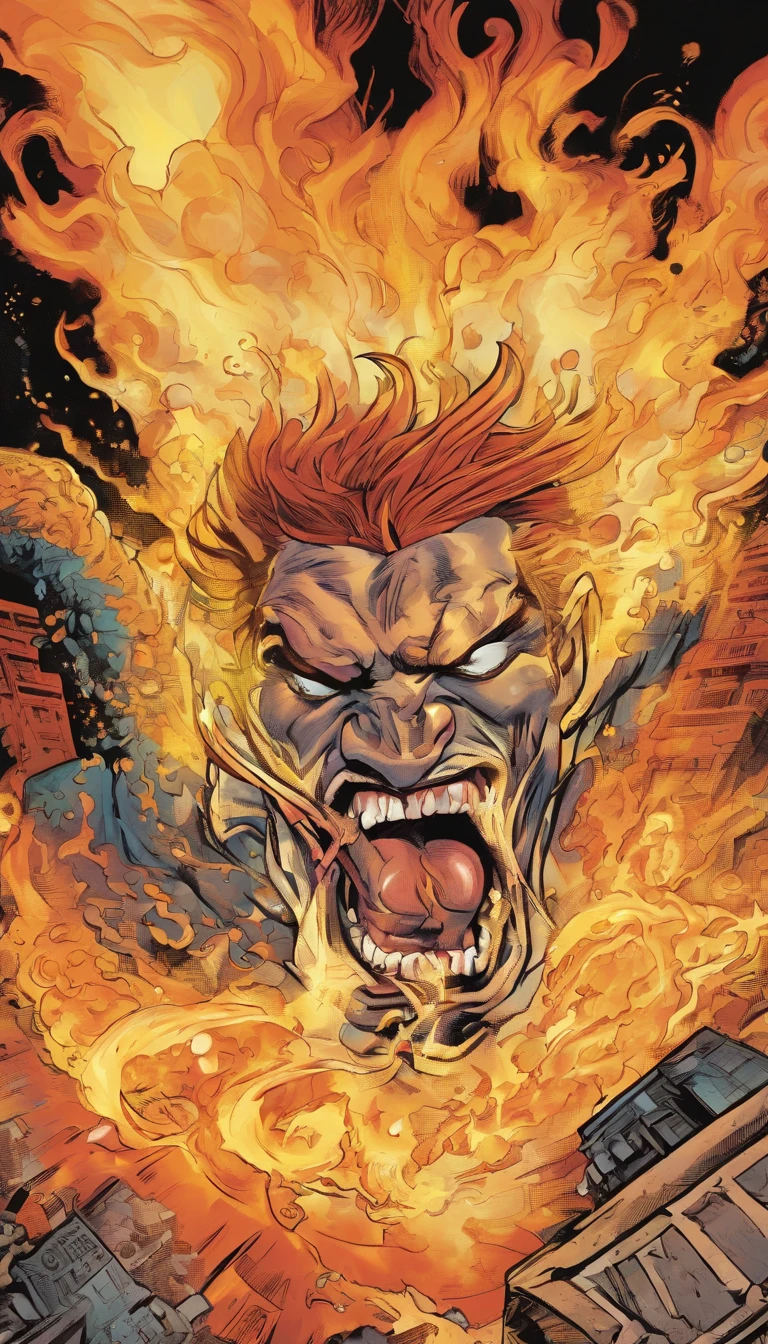 American comics，At the bottom there is a man with an exaggerated mouth wide open，Flames erupted from the mouth，It's like a volcanic eruption，Flames spread across the sky，Top-down view