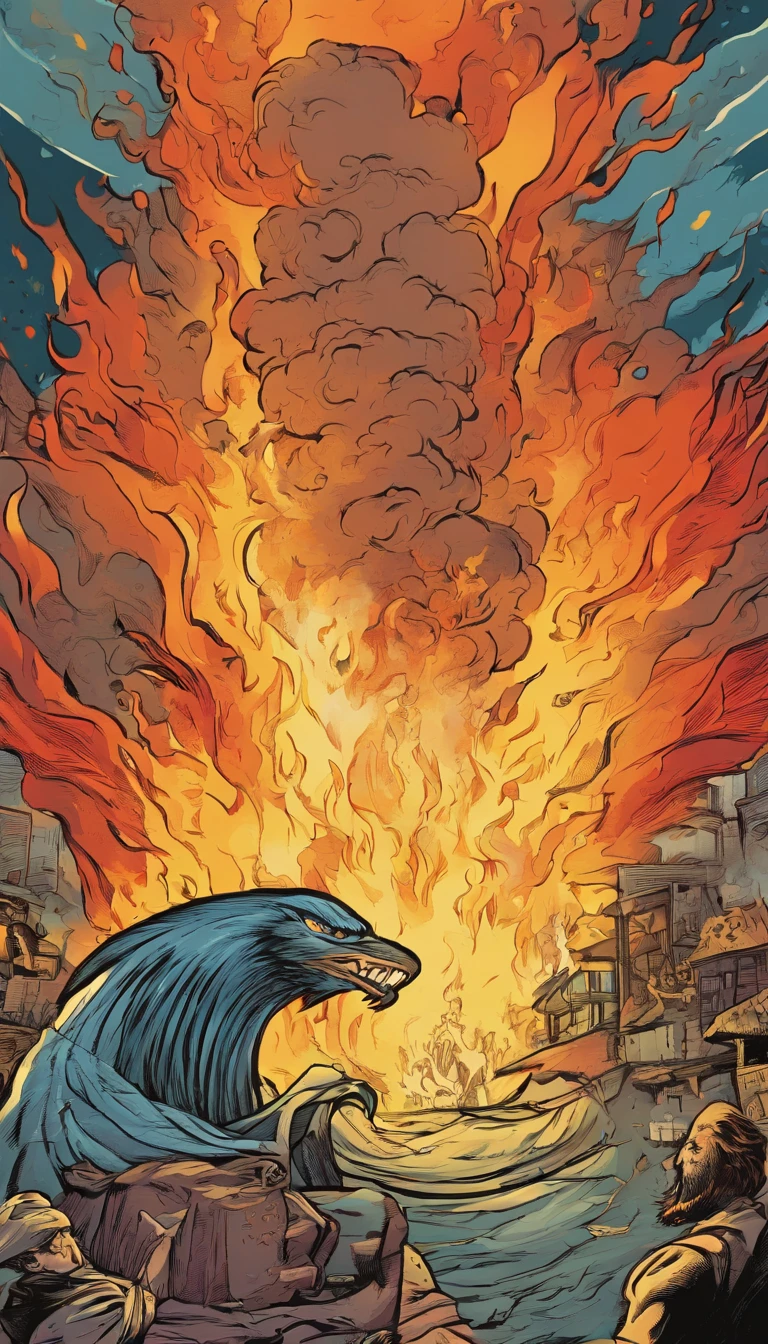 American comics,At the bottom there is a man with an exaggerated mouth wide open,Flames erupted from the mouth,It's like a volcanic eruption,Flames spread across the sky,Top-down view