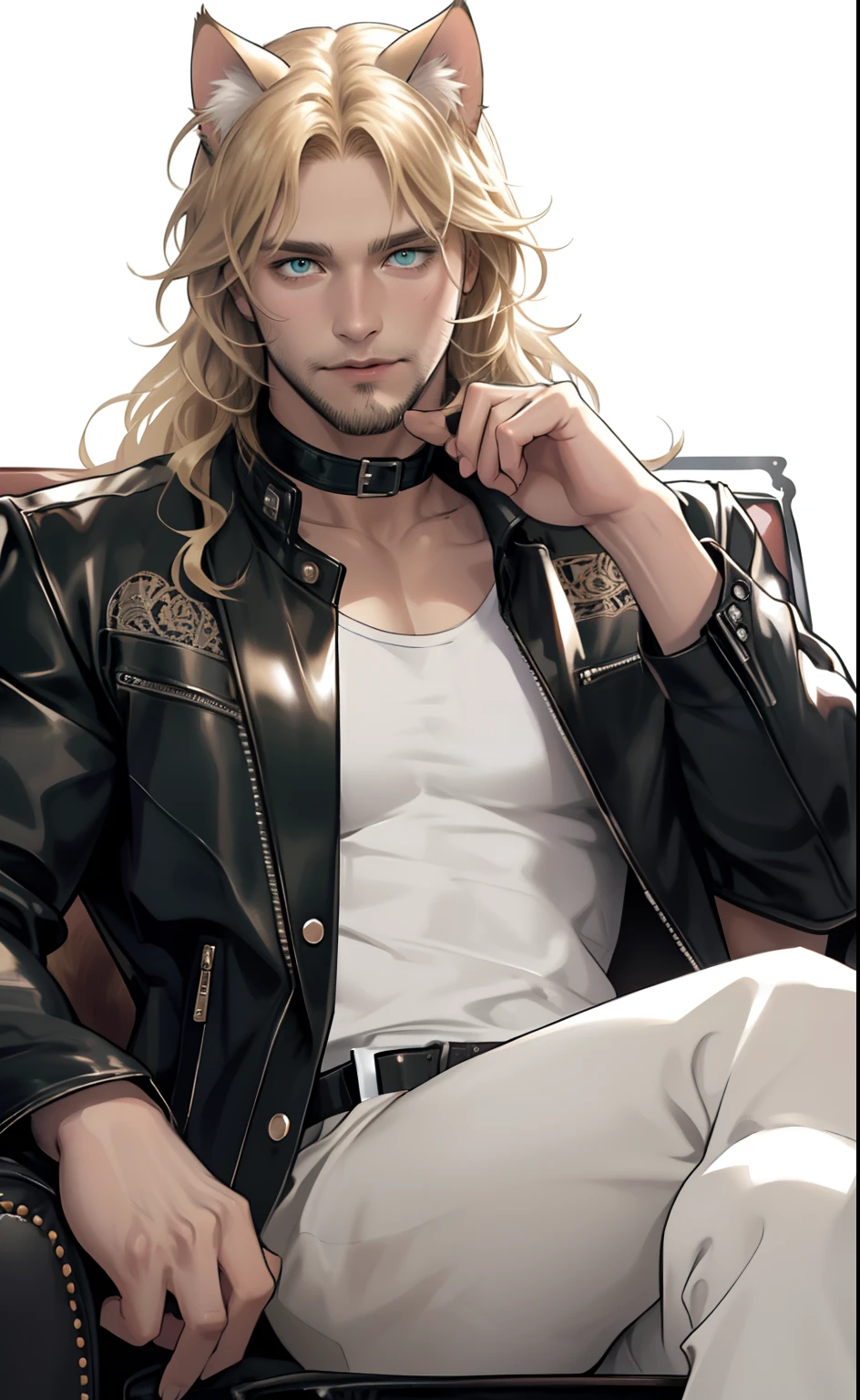 leather jacket, one male, cat ears, long hair, blond, blond hair, green eyes, tall, muscular, white shirt, beautiful face, highest quality, masterpiece, 2d, anime, perfect face, highest detail, feline eyes, stubble, cat tail, wavy hair, far shot, detailed face, intricate details, sitting on white couch, white background