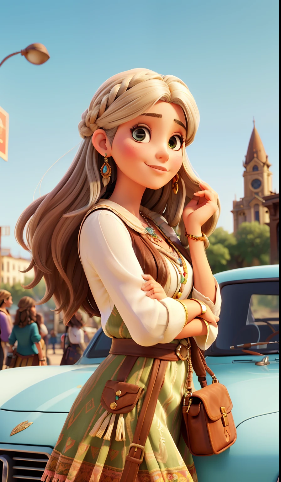 Fotografia profissional mestre, Beautiful woman in bohemian dress and accessories,cabelos longos e pretos, olhos pretos tambem, olhando para frente, texturas e detalhes extremos, foto de retrato de corpo inteiro, bohemian city landmarks background,