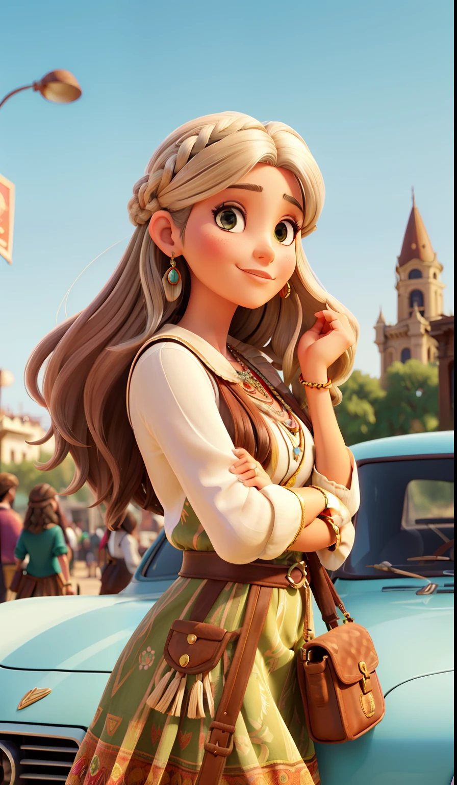 Fotografia profissional mestre, Beautiful woman in bohemian dress and accessories,cabelos longos e pretos, olhos pretos tambem, olhando para frente,  texturas e detalhes extremos, foto de retrato de corpo inteiro, bohemian city landmarks background,
