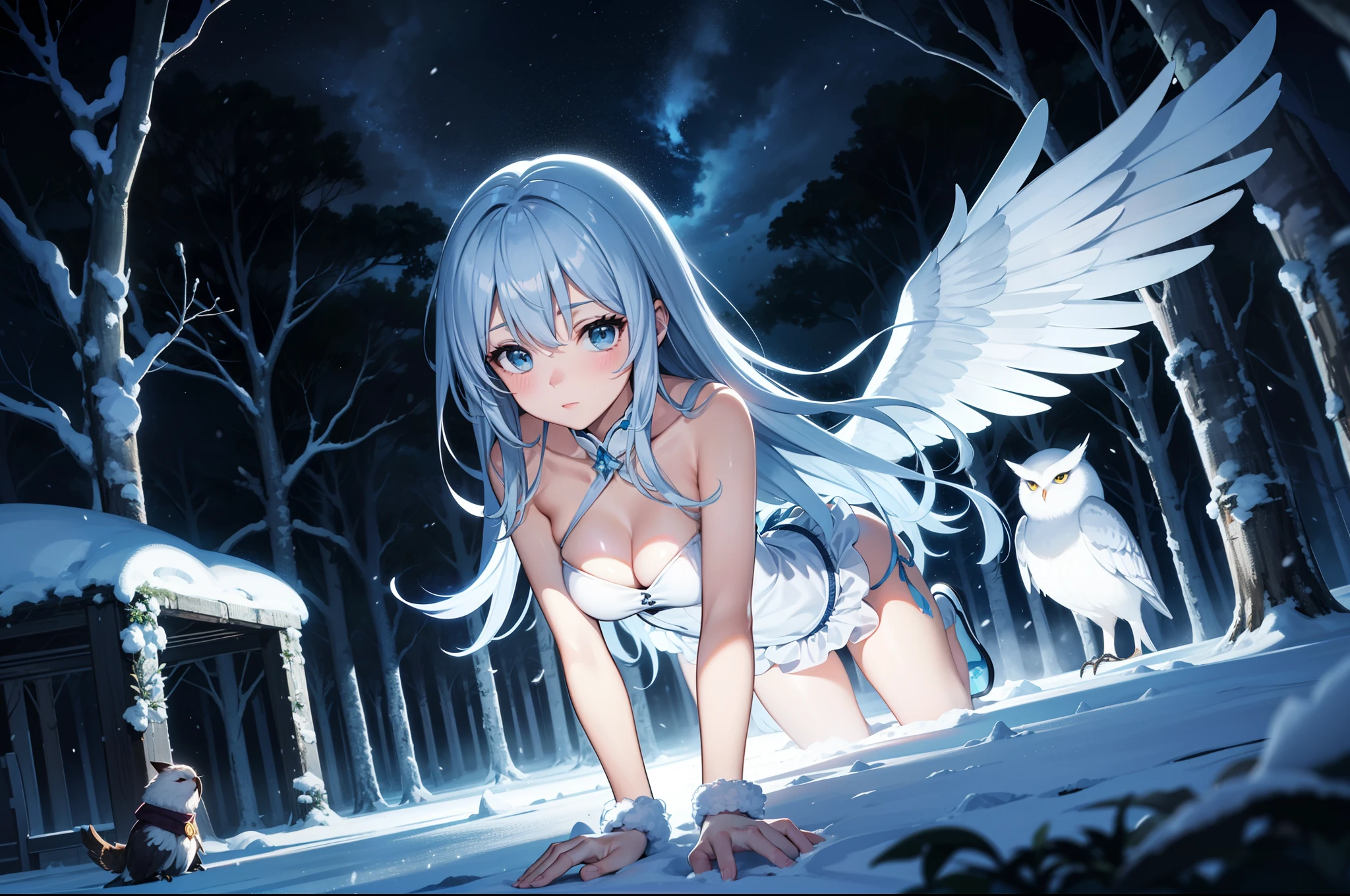 ((ultra-detailliert)), ((Best Illustration)), ((Movie Lighting)), Dynamic Angle, floating, Fine, (The Flash: 1.2), (shine: 1.2), (shine: 1.2), "(Best Quality), Super detailed depiction of a beautiful girl, Light blue long hair、Twin-tailed、 In the colorful forest、Surrounded by snow-white owls and vivid vegetation.", Cinematic, Refreshing, essence, Rim Lights, Scattering