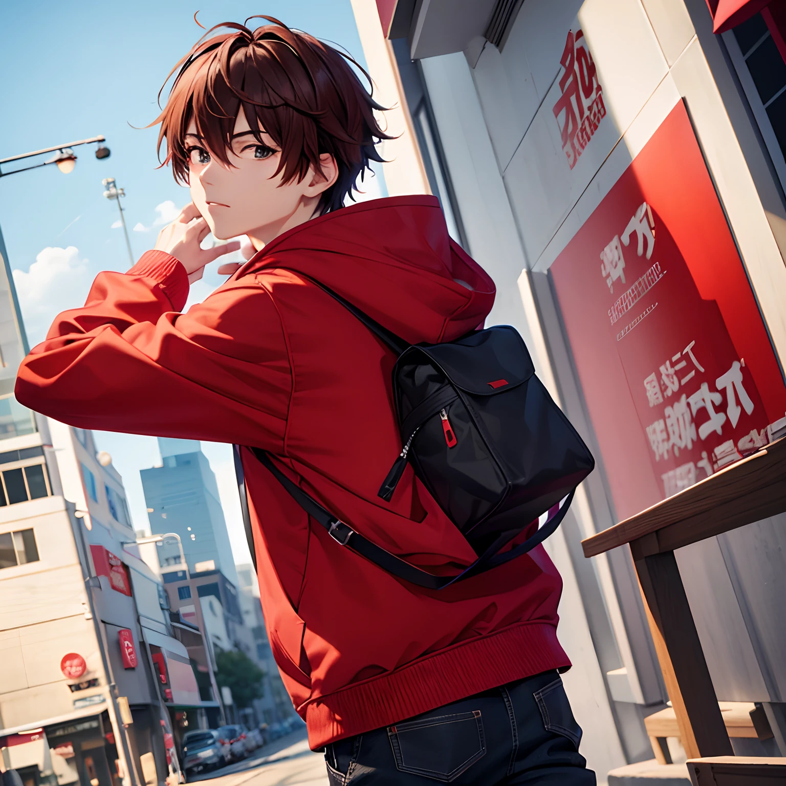 Cartoon drawing of a person wearing a red hoodie, As an anime character, In an anime style, In anime style, Male anime style, Anime Boy, anime style only, anime styled, anime art style, anime styled」, in a hoodie, Very anime style, subtle anime style, young anime man, Style Anime, Wearing a scarlet hoodie、Brown hair、high-level image quality、1人