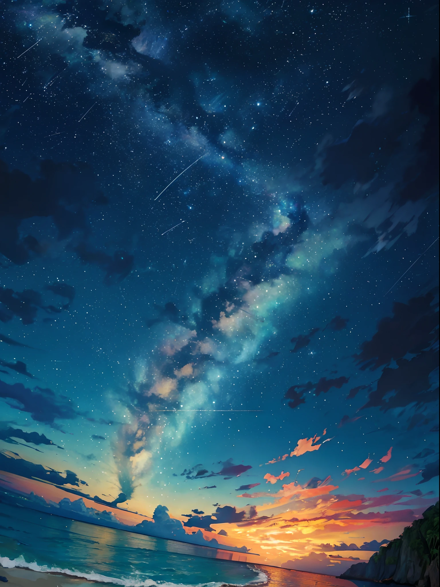 (zoom:1.1), (meteor shower:1.2), (comet:1.1), low angle, arora borealis, shooting star, top quality, masterpiece, clouds, colorful, southeast Asian beach, summer, seascape, small islands