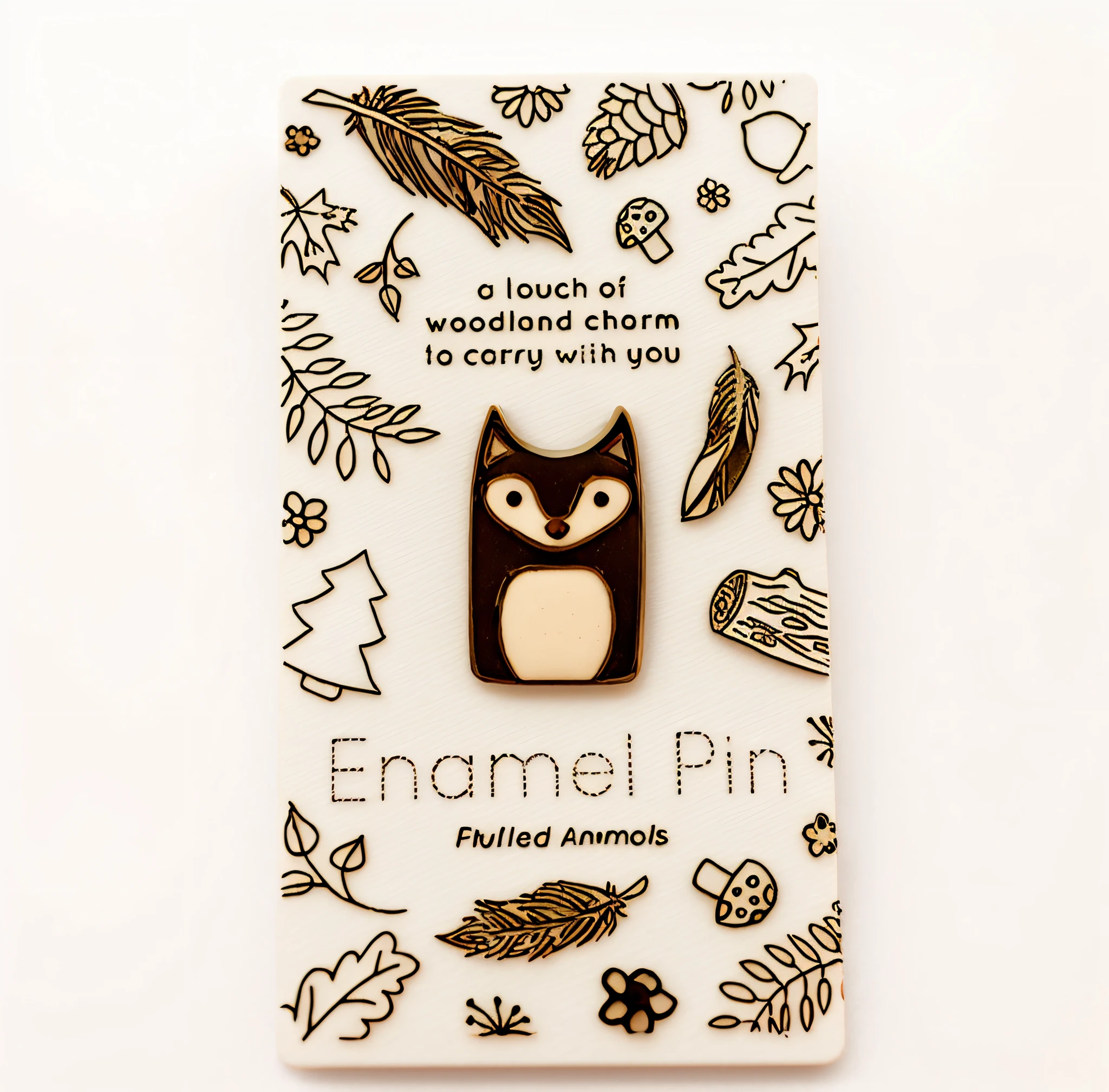Close-up of a small animal brooch on a card, Pins, woodland, whimsical fox, Detailed, enamel, detail shots, filled with fauna, Detailed!, Wild shape : raccoon, 3 woodland critters, cute forest creature, detailled image, Badge, finedetail, mod, scenic full shot, in a medium full shot, detailed close up shot, full product shot