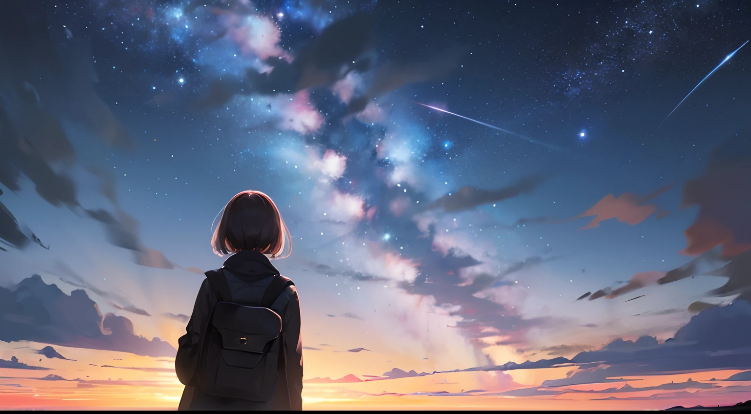 {{{masterpiece}}, {{{best quality}, {{ultra-detailed}}, {illustration}, {{an extremely delicate and beautiful}}, beautiful milky way, night sky, wide sky, mysterious, deep sky, falling sky, traveling girl, rucksack, back view, girl looking at night sky, In the middle of the journey, 8k, morning is near, the sky is about to be swallowed, the morning is near, the night is over, the beginning is near, deep darkness, cinematic, mysterious, fantastic, beautiful,