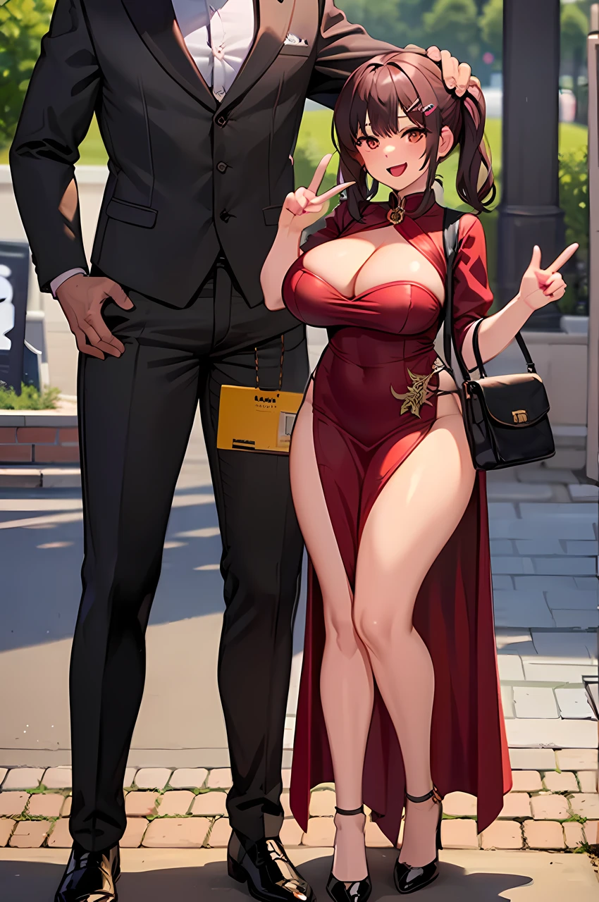 masterpiece, large breasts, (size difference, faceless male standing behind), 1girl, full body, hair ornament, bag, hair bobbles, smile, double v, blush,   open mouth, hairclip, hand on another's head,