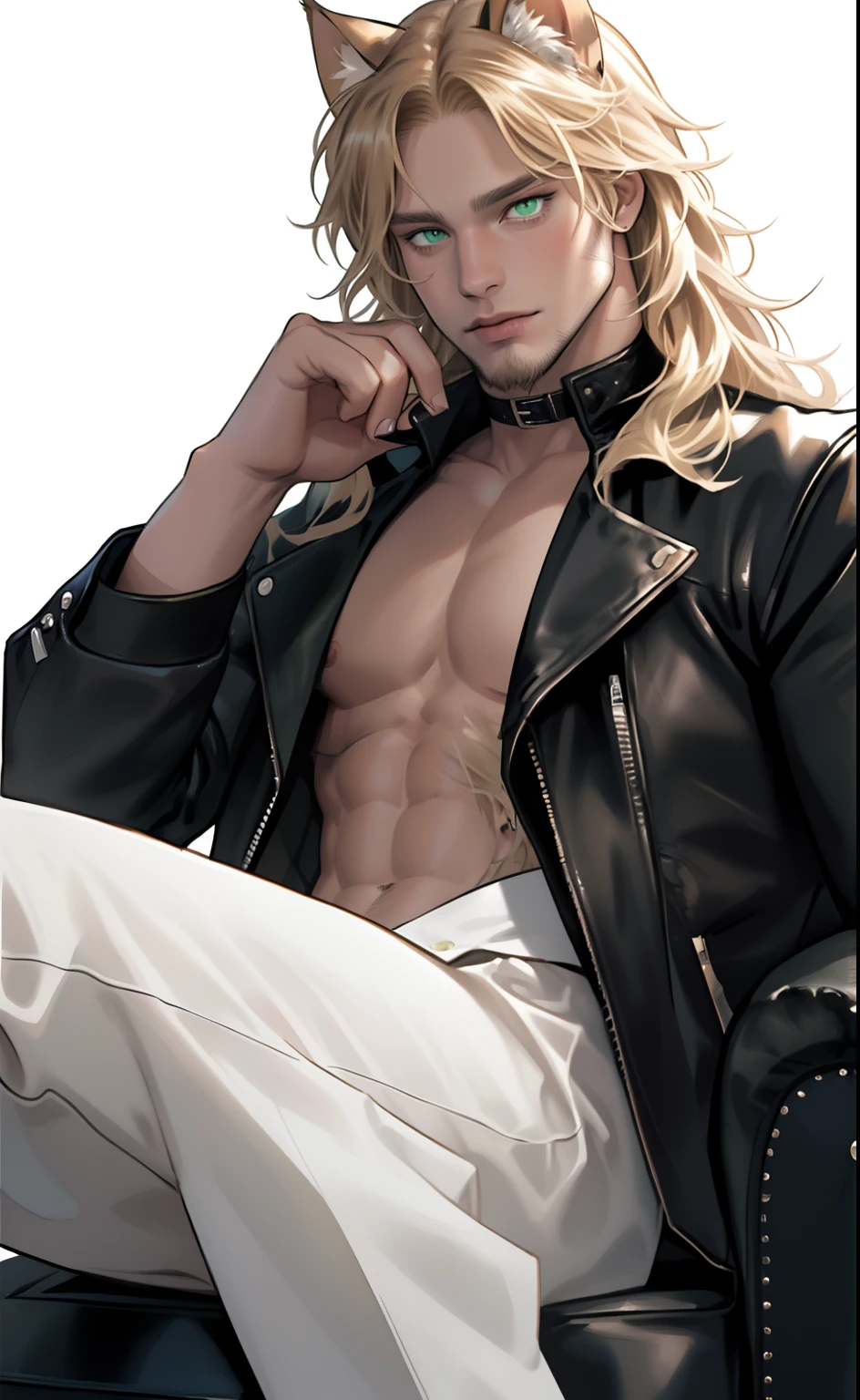 leather jacket, one male, cat ears, long hair, blond, blond hair, green eyes, tall, muscular, white shirt, beautiful face, highest quality, masterpiece, 2d, anime, perfect face, highest detail, feline eyes, stubble, cat tail, wavy hair, far shot, detailed face, intricate details, sitting on white couch, white background