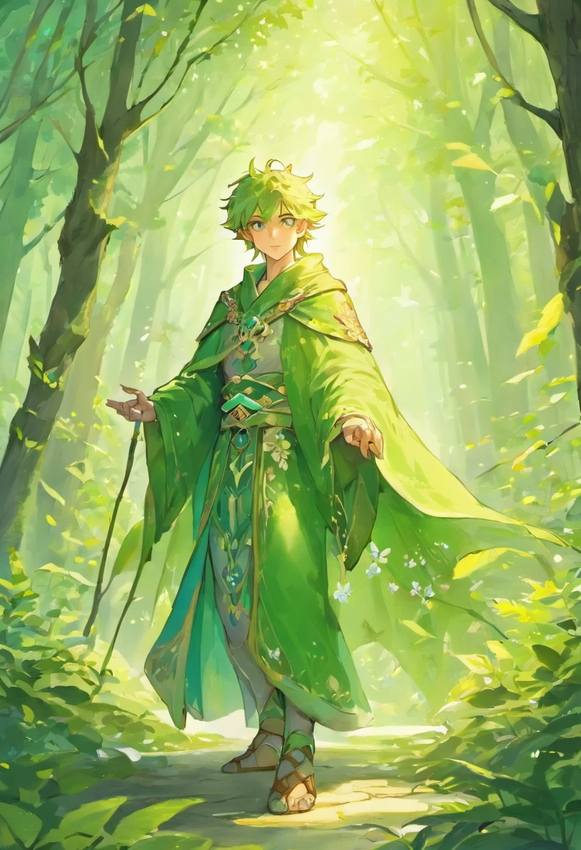 (a male elf with bandaged feet, white fur, green eyes, and a feminine appearance):(best quality,4k,highres,masterpiece:1.2),ultra-detailed,realistic,elf,druid,dressed in natural and earthy tones,with intricate leaf patterns on his flowing robe,standing in a mystical forest bathed in golden sunlight,the light softly filtering through the leaves,casting enchanting shadows on the ground,the air filled with the sweet fragrance of blooming flowers and the crisp scent of earth,the elf's bandaged feet blending seamlessly with the forest floor,as if one with nature,the bandages adorned with delicate green vines and tiny flowers,the elf's long white fur flowing like a waterfall,illuminated by the golden light,his green eyes shining with wisdom and serenity,with a hint of mischievousness,the elf's face carries a gentle and kind expression,his lips curved into a captivating smile,a sense of tranquility and harmony radiating from his presence,as if he holds a deep connection to the ancient magic of the forest,behind him, towering ancient trees reaching towards the sky,their branches forming a canopy above,creating a peaceful and awe-inspiring atmosphere,the forest alive with vibrant colors,from the emerald leaves to the rainbow-hued flowers,conveying a sense of wonder and magic,as the elf raises his hand,a gentle gust of wind dances through the air,caressing the leaves and flowers,the scene captured in a painterly style,with rich textures and attention to detail,presenting a true masterpiece of nature and fantasy.