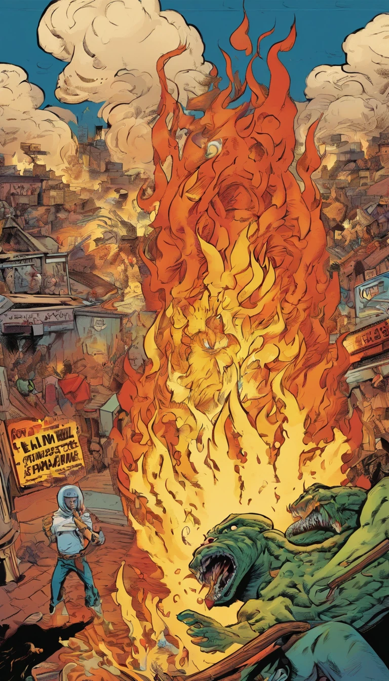 American comics，At the bottom there is a man with an exaggerated mouth wide open，Flames erupted from the mouth，The flames spread from the bottom up，Top-down view