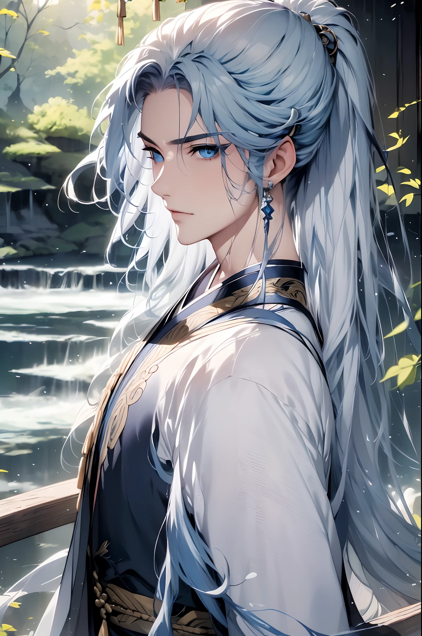 Libido boy, 独奏，long whitr hair,High ponytail， view the viewer, , Blue eyes, hair adornments,，mont，waterfallr，Crane，florals，The tree，florals，