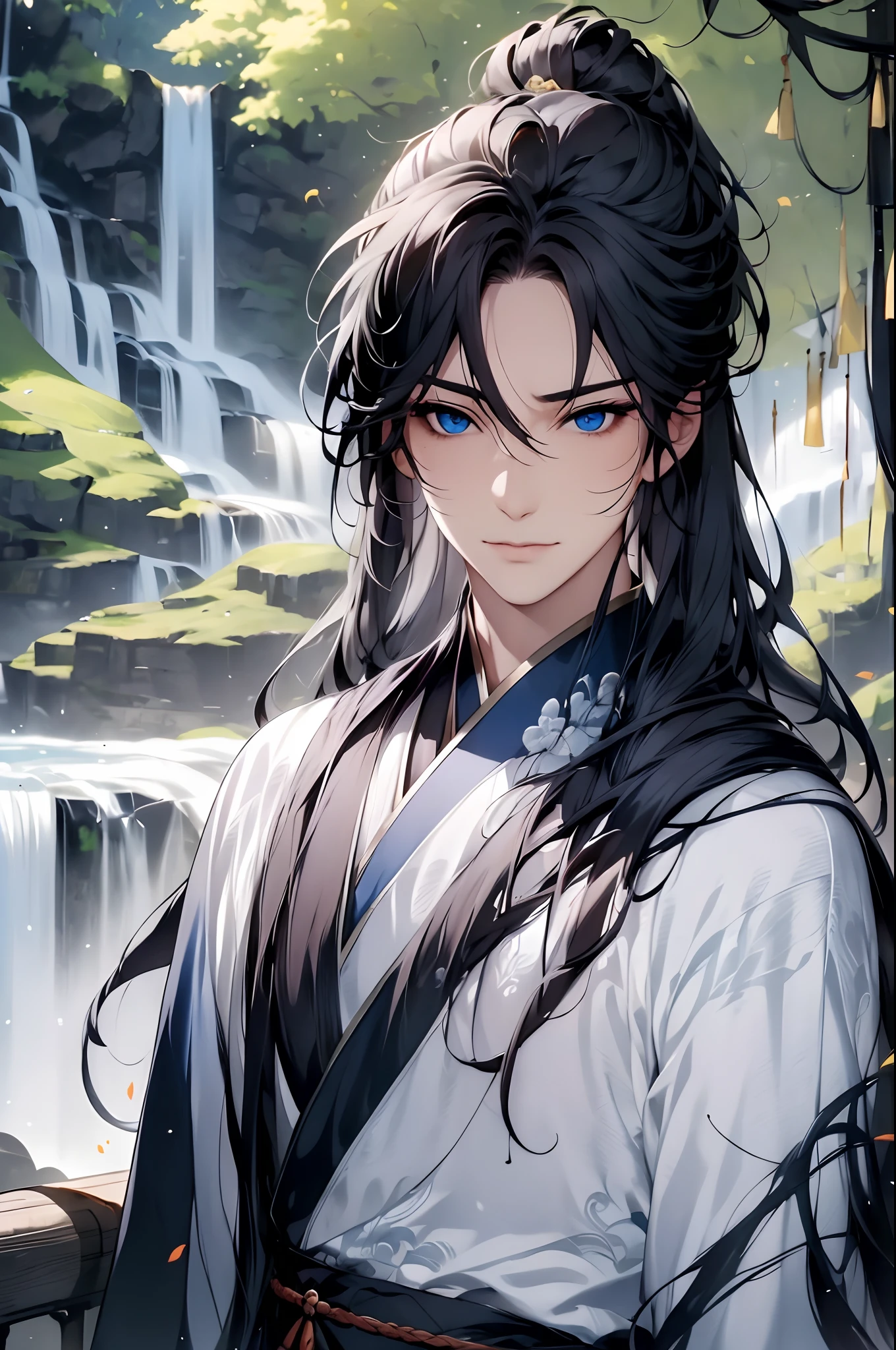 Libido boy, 独奏，long whitr hair,High ponytail， view the viewer, , Blue eyes, hair adornments,，mont，waterfallr，Crane，florals，The tree，florals，