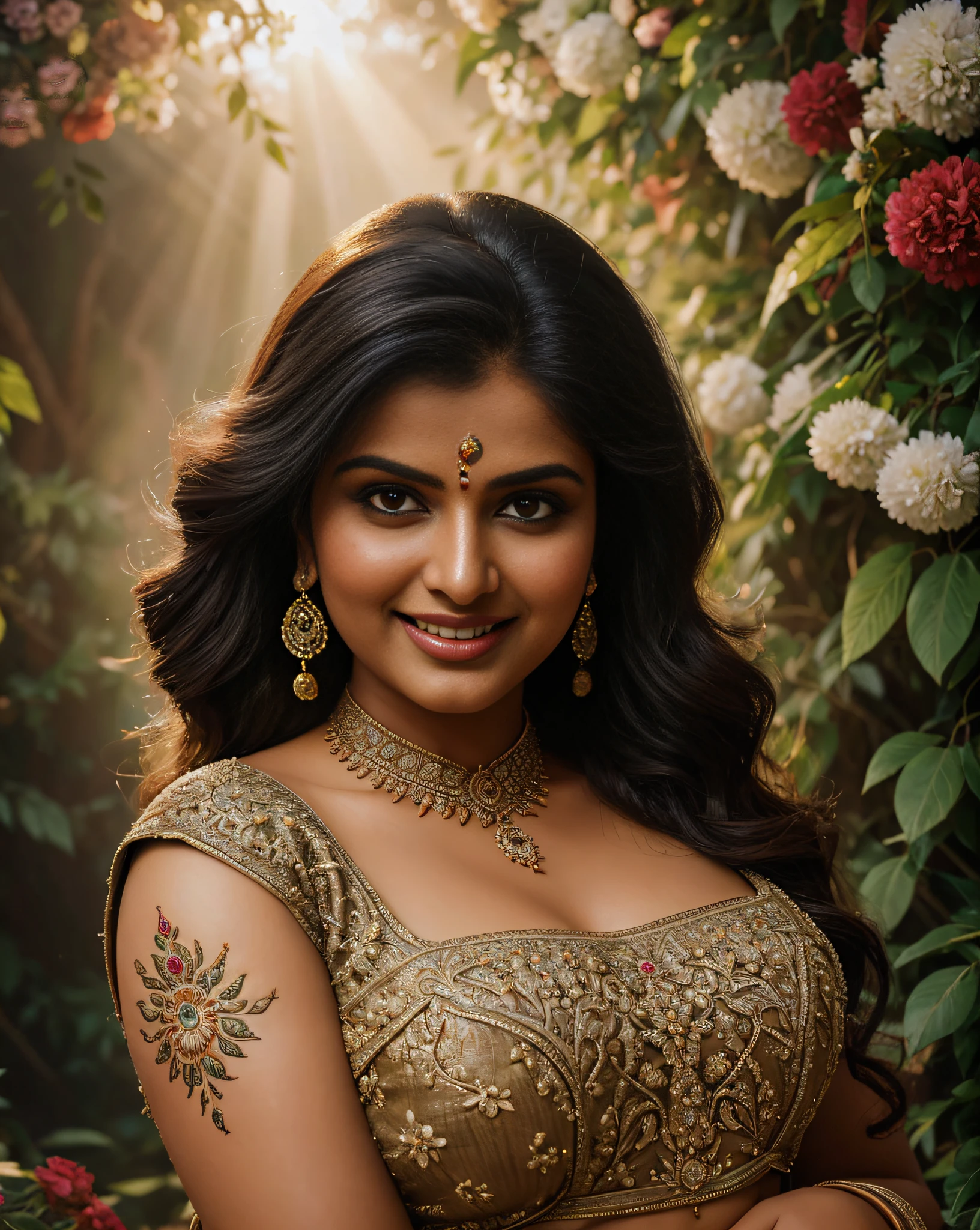 (masterpiece oil painting:1.3) of a (solo:1.3) ravishing sexy curvy chubby tall supermodel Rambha as elegant bride, in a flower garden venue, wearing ethereal black lehenga and blouse, navel, with embroidered angel wings, lavish flower decorations, intricate henna tattoos,, (ravishing long wavy backlit hair), (enchanting daylight:1.2), (intricate kohl lined eyes:1.3), (adorable smile:1.3) soft dramatic lighting, flower everywhere, backlit, light rays, highly detailed, trending on artstation, paint splashes, rich colour, fantasy portrait, by atey ghailan & Annie Leibovitz