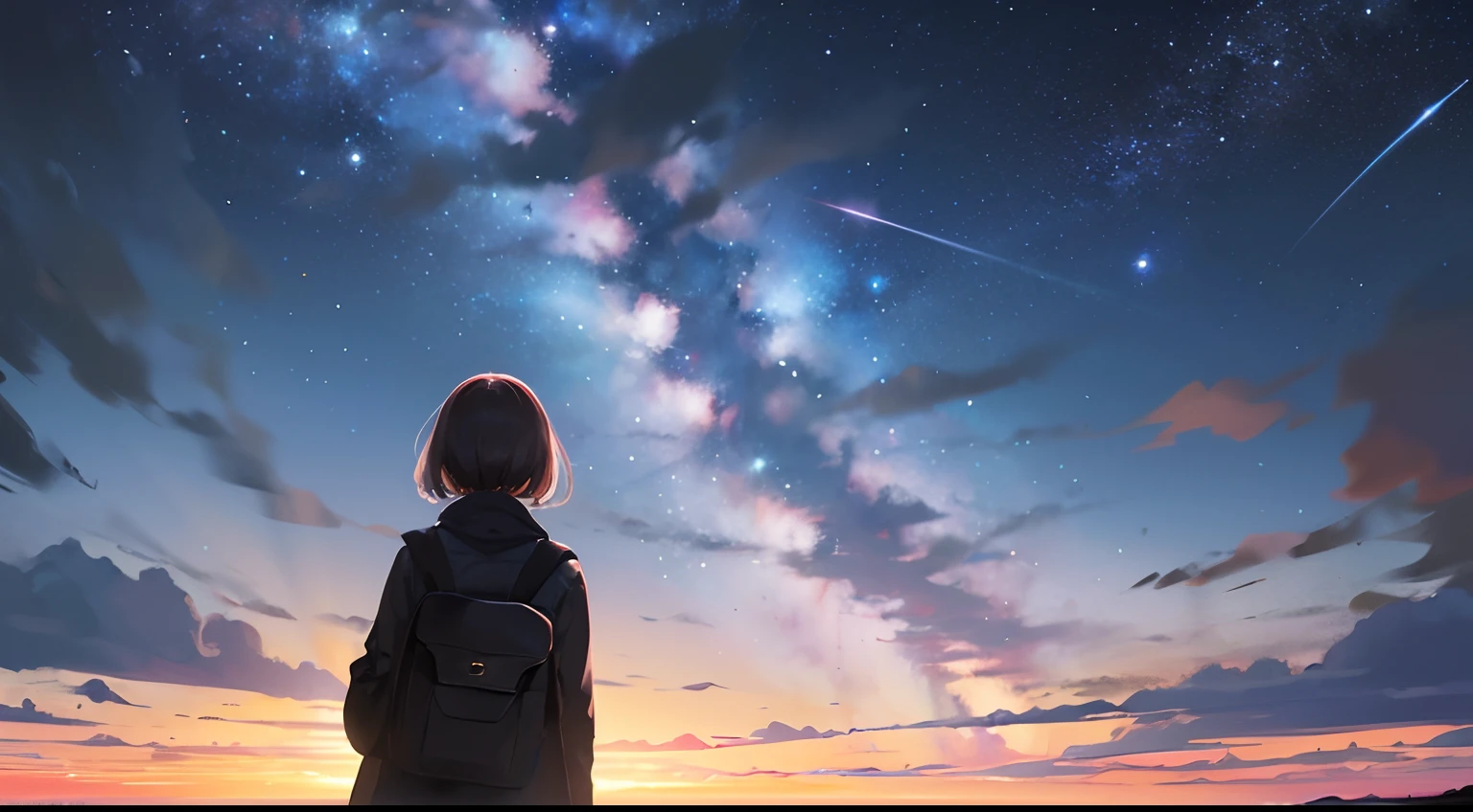 {{{masterpiece}}, {{{best quality}, {{ultra-detailed}}, {illustration}, {{an extremely delicate and beautiful}}, beautiful milky way, night sky, wide sky, mysterious, deep sky, falling sky, traveling girl, rucksack, back view, girl looking at night sky, In the middle of the journey, 8k, morning is near, the sky is about to be swallowed, the morning is near, the night is over, the beginning is near, deep darkness, cinematic, mysterious, fantastic, beautiful,