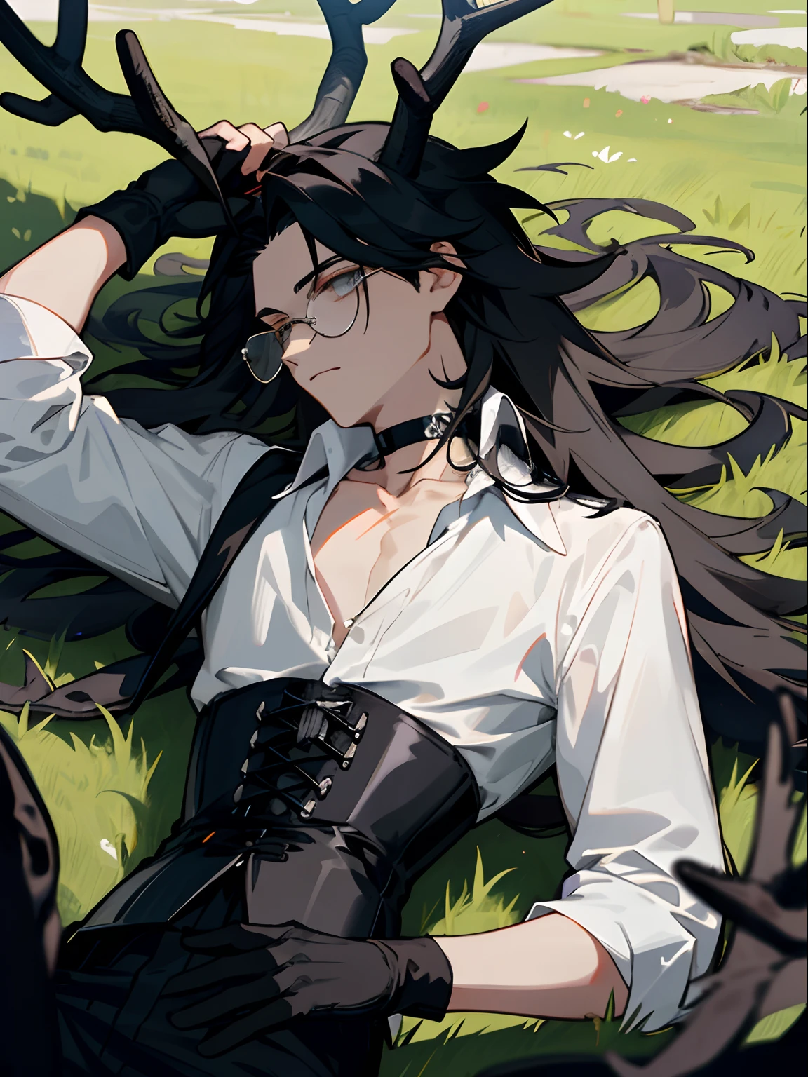 Boy laying on grass, long black messy hair, white glasses, white shirt, black corset, eyeliner, thick white choker with black jewels, black antlers, black fingerless gloves, webbed eyeliner under eye, thin