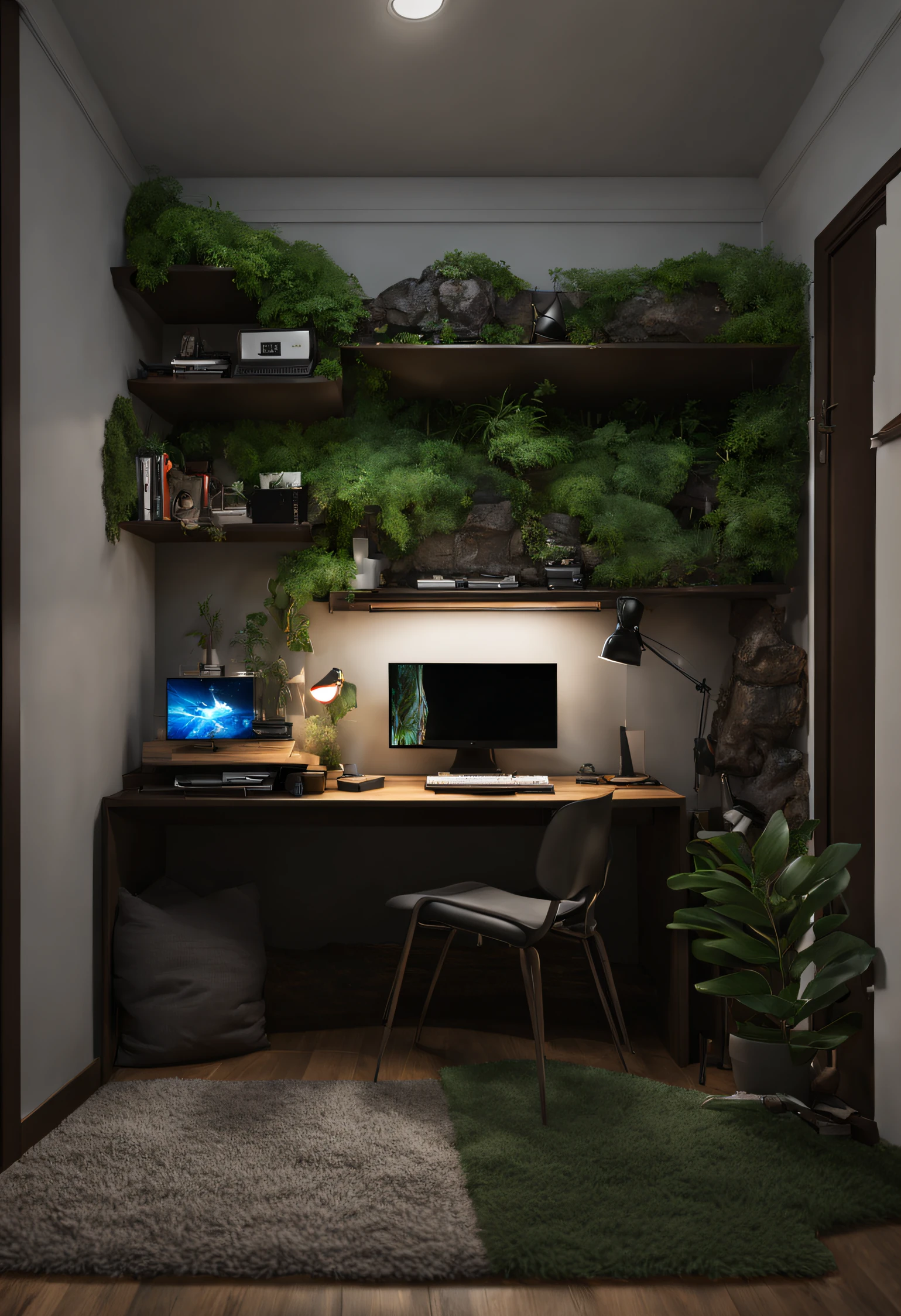 quarto pequeno , confortavel , com pc gamer , dark , janela dando para floresta