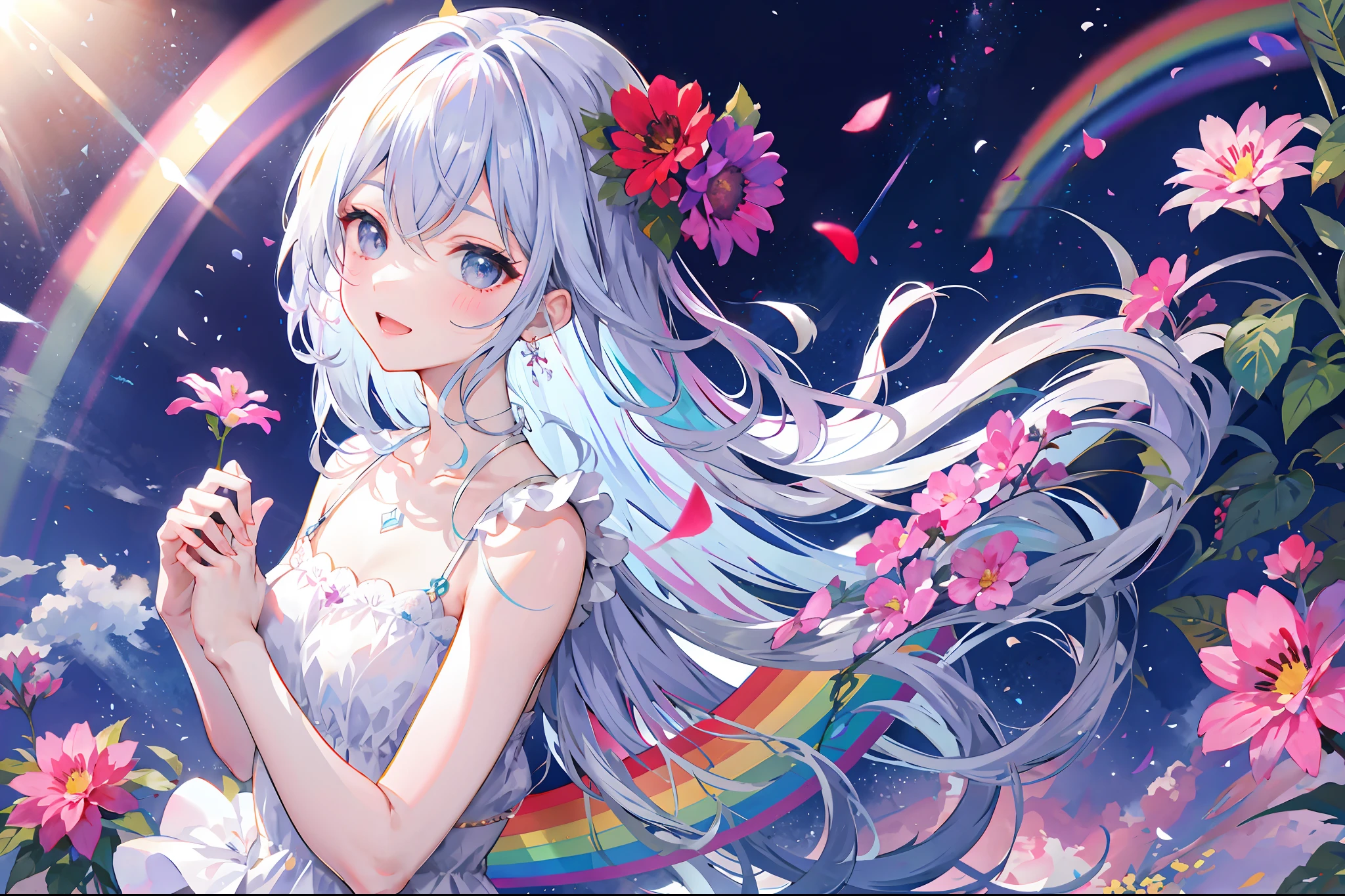 flower in hands,;D, rainbow backgraund