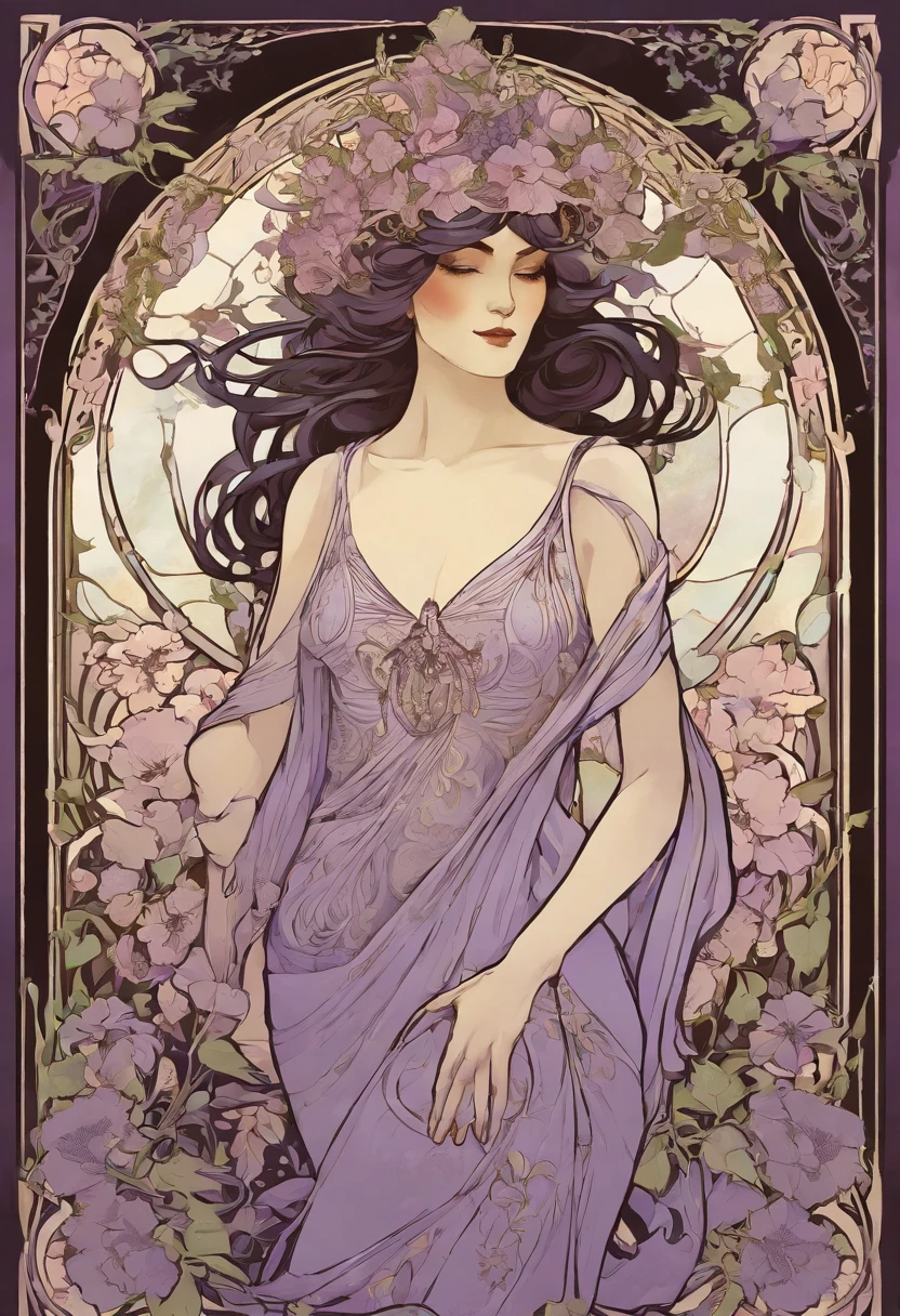 Detailed Background、Mucha style、Art Nouveau、The plants form chains around the subject&#39;s arms and legs.、(White underwear:1.2)、(masterpiece、Highest quality、Highest quality、Detailed and careful line drawings)、Vintage Color、colorful、Anatomically correct、Written boundary depth、Flat Shading、Bokeh、(Toned body, Thick thighs:1.2))、((Showing off your armpits)、Armpit hair grows)、Pussy、Camel Toe、Expressive eyes、Perfect Face、Black Hair、Okabo Hair、still、She is blushing、Browsing Caution