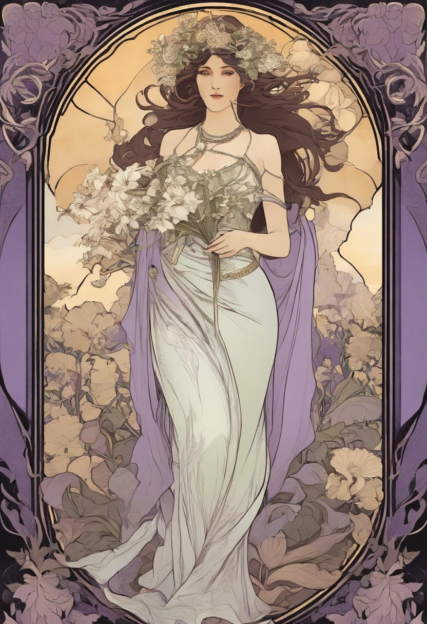 8K.Poster illustration in Alphonse Mucha style, Gothic woman, goddess of death, pelo negro, Pale skin flat paint, Beautiful western woman in ankle-length lilac dress, Emmavatoso,Holding a bouquet of white lilies,The whole body is,Slim body,The barefoot,modernism, plant in the background, NFSW, masutepiece, Alfonse Mucha, high detal