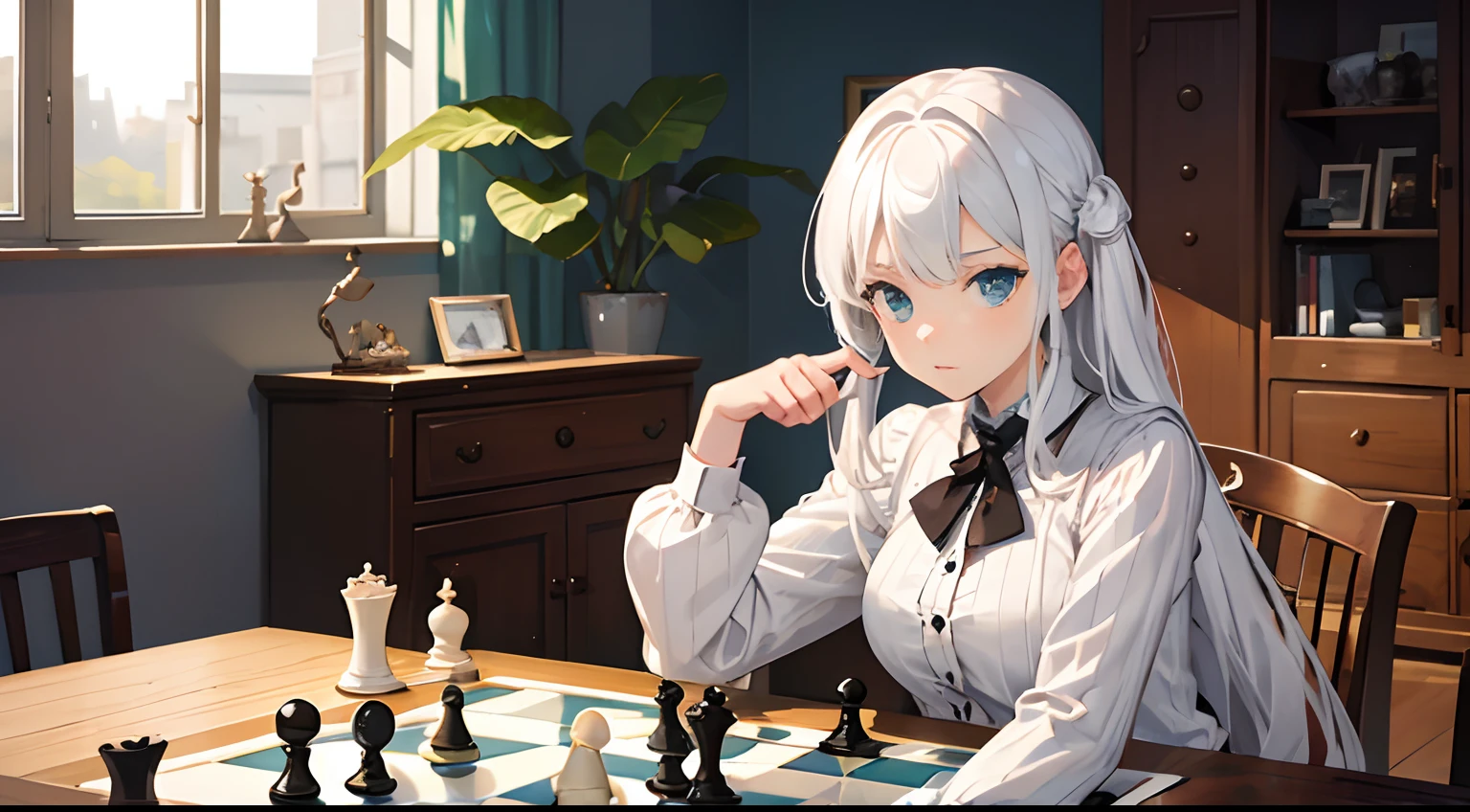 Girl with extremely large Brest,in her bedroom,Playing chess on her desk,white dress,white hair,sits on a chair, she's holding a and thinking, sitting on a chair(that is off-frame), the chessboard that is in front of her,Make it so that the camera is in front and is pointing at her