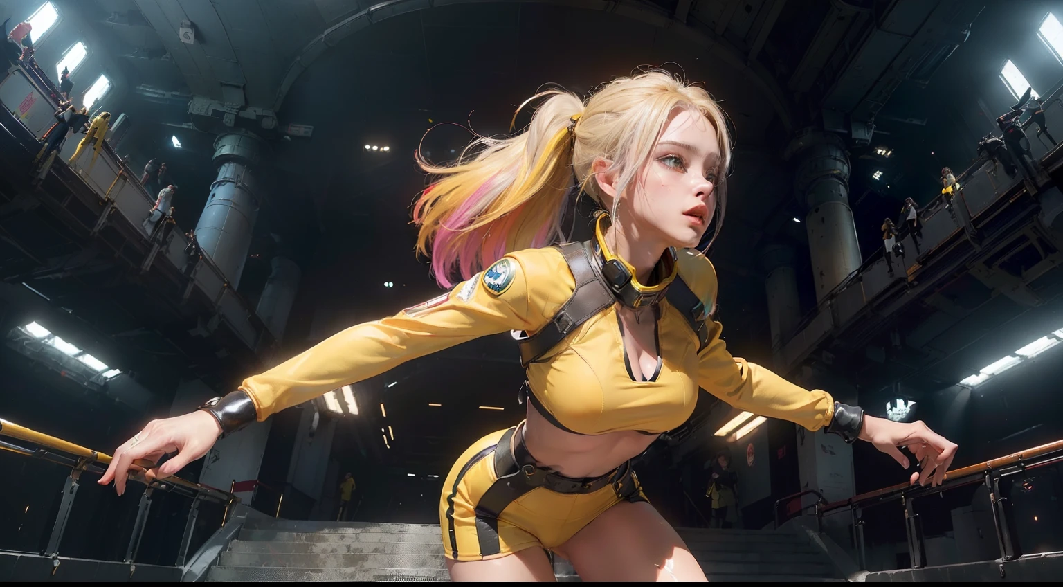(realisitic,Photorealsitic:1.4),(1 beauty:1.3),(beautiful countenance:1.5),Detailed shiny skin,A detailed eye,Precise hands and fingers,8K HDR, , masterpiece, (Dynamic Angle Video),电影灯光, Finely drawn backgrounds,accurate fingers,(Futuristic cities,A large number of high-tech machines,SF Building,Multicolored lighting,Composition with a lot of yellow,Sci-Fi attire,PerspectivePerspective:1.3),beautiful caucasian,Red Sportswear,Silver hair,Spaces with many stairs,You can see far into the distance,Jumping and kicking,Attractive butt line,Thighs exposed