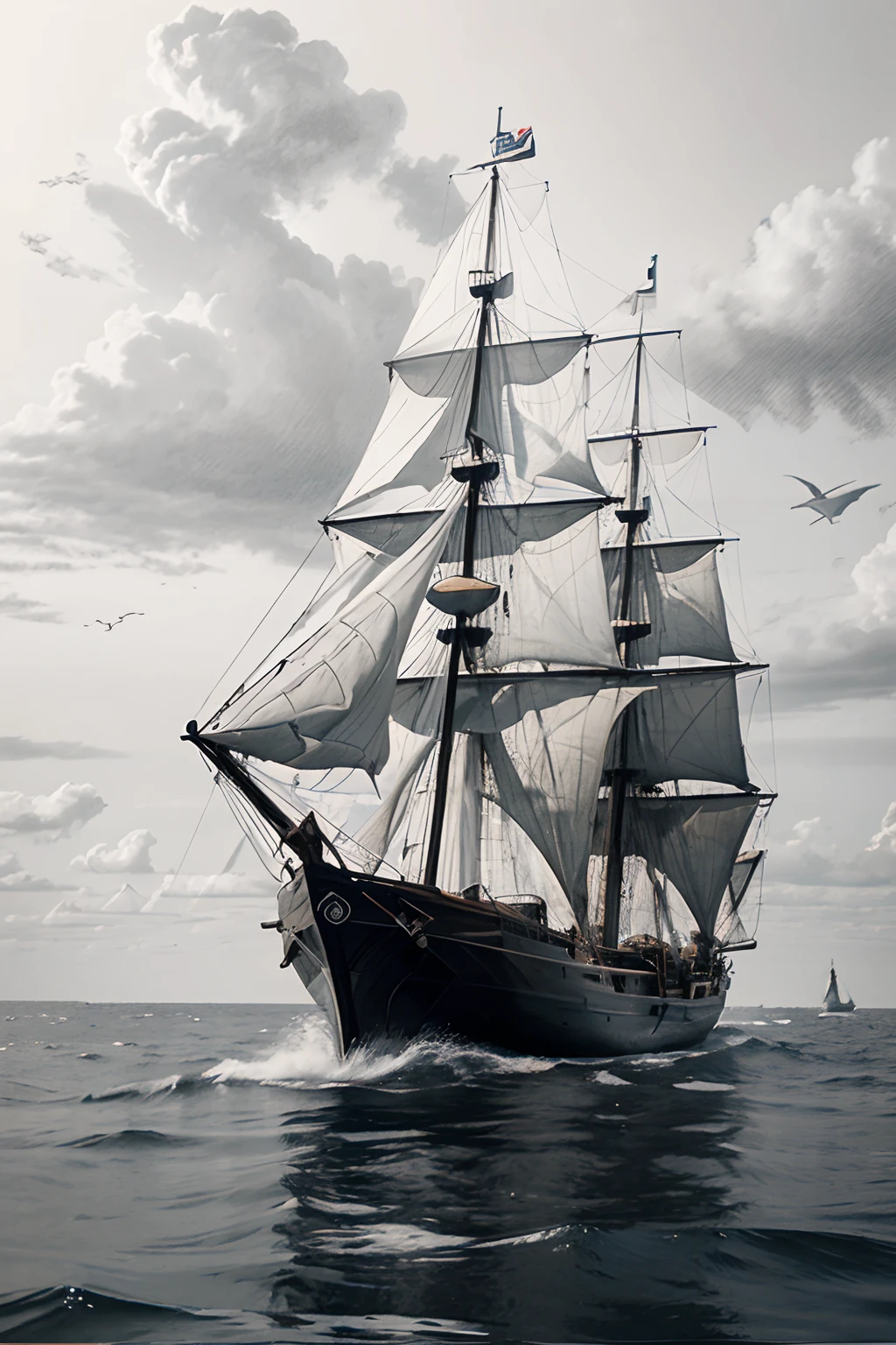 a professional graphite sketch of a 1810 sailing ship in troubled waters