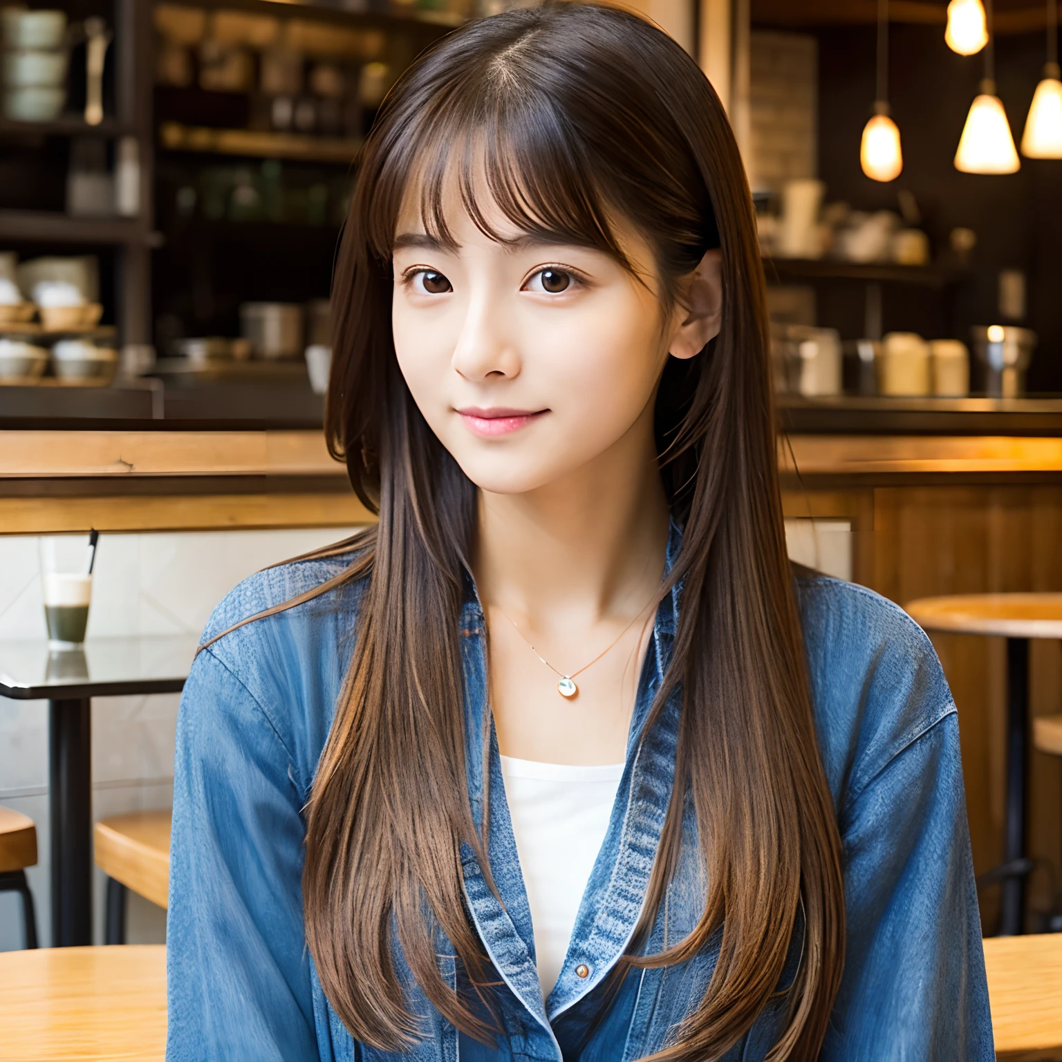 An ultra-high picture quality、Natural brightness、Young beautiful girl in Japan、a beauty girl、Strong sadness、Take a seat in a café、Straight long hair、neat and clean clothes、Beautiful skin quality