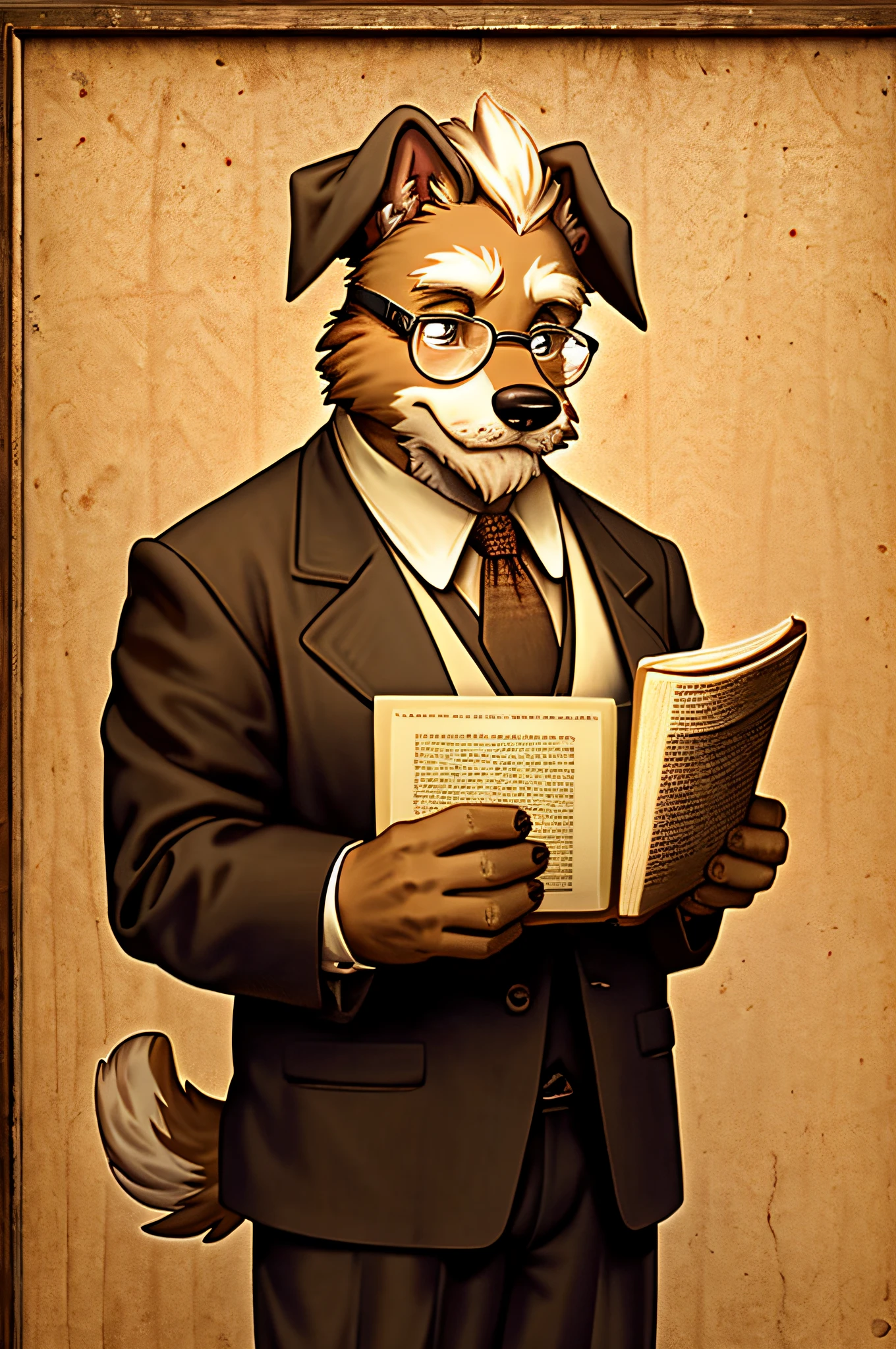 Wearing reading glasses、Grandpa's old professor standing in front of the blackboard、Westland Terrier Old Dog、‎Classroom、Vintage Sepia Photography