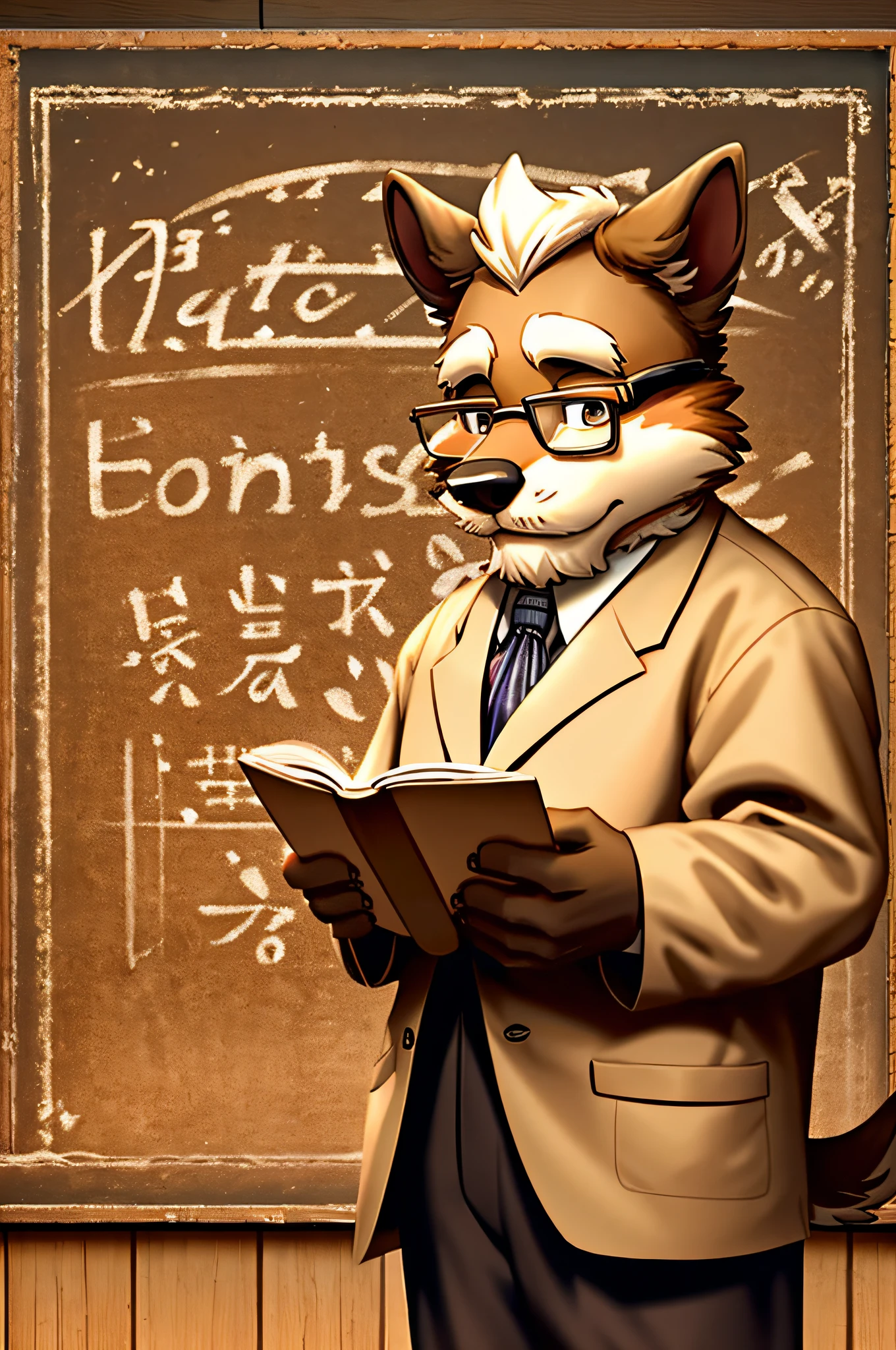 Wearing reading glasses、Grandpa's old professor standing in front of the blackboard、Westland Terrier Old Dog、Classroom、Vintage Sepia Photography