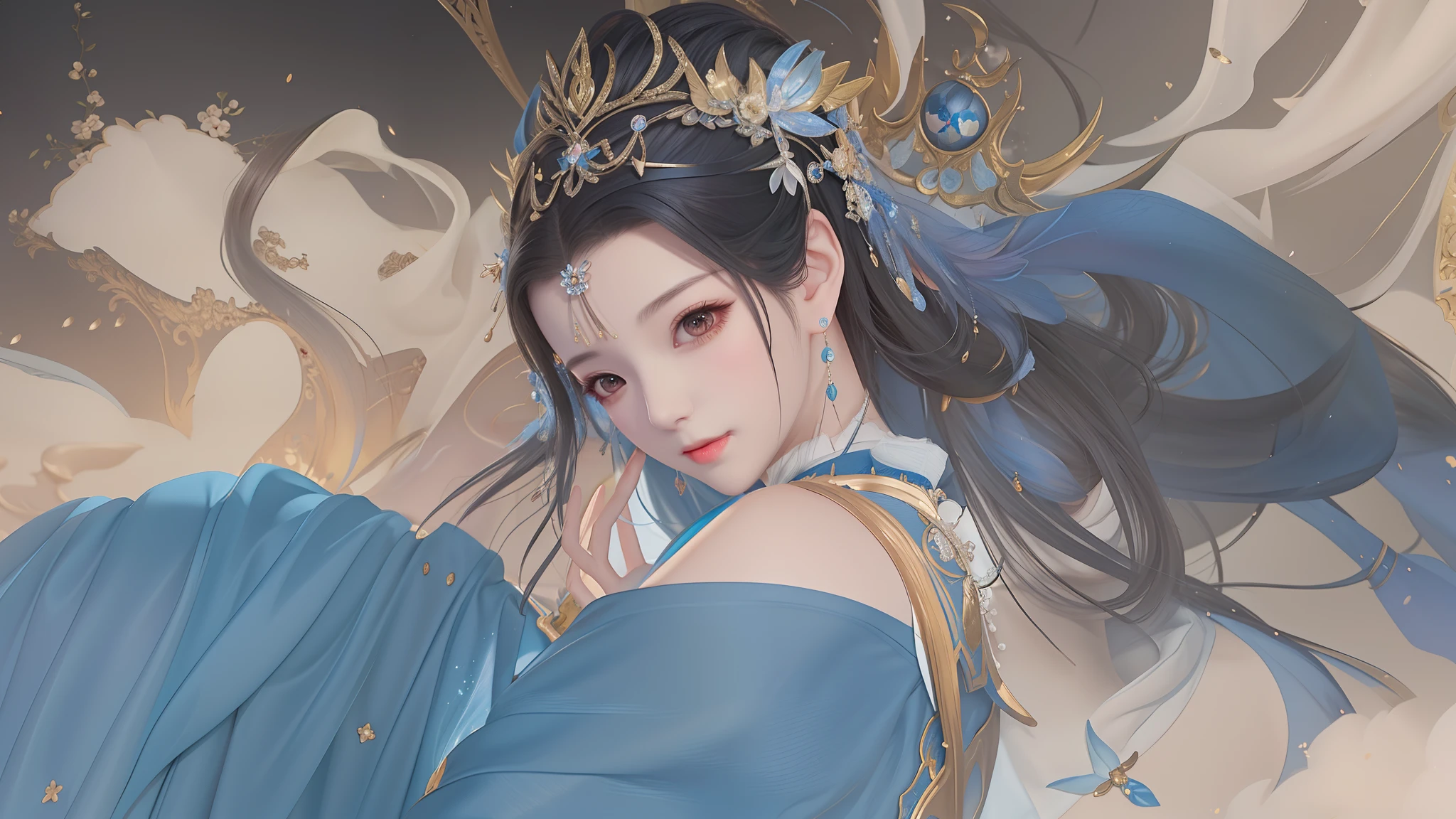 Arafo woman with long black hair and black eyes in a blue dress, beautiful fantasy queen Mu Yanling, ((beautiful fantasy queen)), smooth anime CG art, fairy fantasy, Ruan family and Artgerm, digital fantasy art), beautiful character painting, 2. 5 D CGI anime fantasy artwork
