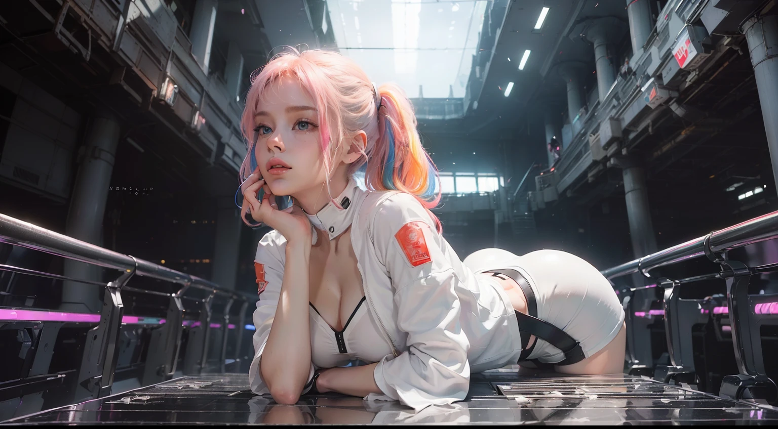 (realisitic,Photorealsitic:1.4),(1 beauty:1.3),(beautiful countenance:1.5),Detailed shiny skin,A detailed eye,Precise hands and fingers,8K HDR, , masterpiece, (Dynamic Angle Video),电影灯光, Finely drawn backgrounds,accurate fingers,(Futuristic cities,A large number of high-tech machines,SF Building,Multicolored lighting,Composition with a lot of white color,Sci-Fi attire,PerspectivesPerspectives:1.3),beautiful caucasian,Pink sportswear,red hairs,Spaces with many stairs,You can see far into the distance,Running,Attractive shoulders,Chest exposed