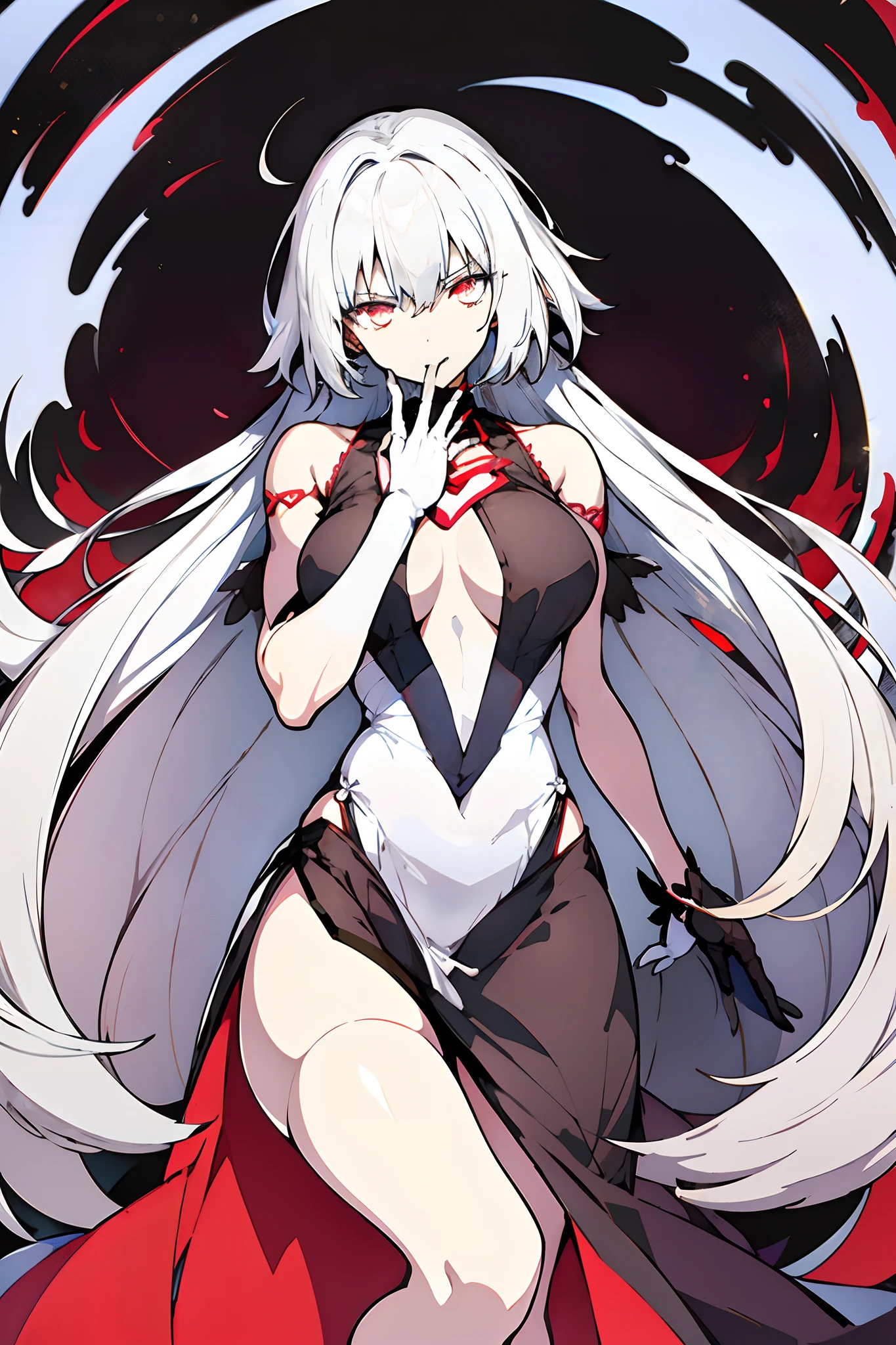 White-haired woman,Red aura around,beautidul eyes,White gauze dress, thin, It covers all vital organs except the face..., Wear a knee-length white dress....,The arm does not reach the top of the hip....,The arms are small.., But the ligaments are very large....,Soft hands,at night,red moon,turned sideways..,Realistic fingers