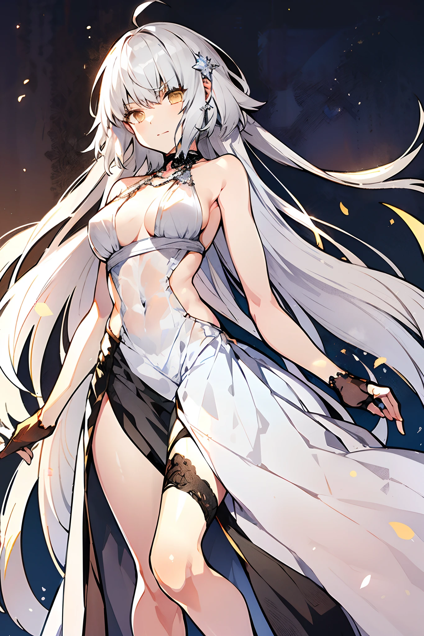White-haired woman,Beautiful golden eyes,White gauze dress, thin,Beautiful evening dresses, It covers all vital organs except the face...., Wear a knee-length white dress.....,The arm does not reach the top of the hip.....,The arms are small..., But the ligaments are very large.....,Soft hands,at night,,turned sideways..,realistic fingers