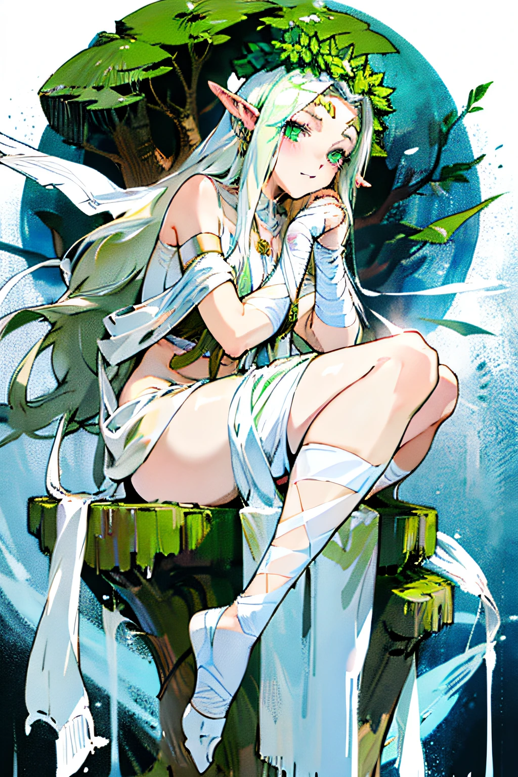 Elven druids,Bandages wrapped around hands,White hair and green eyes,Lady Lady,White silk foot socks