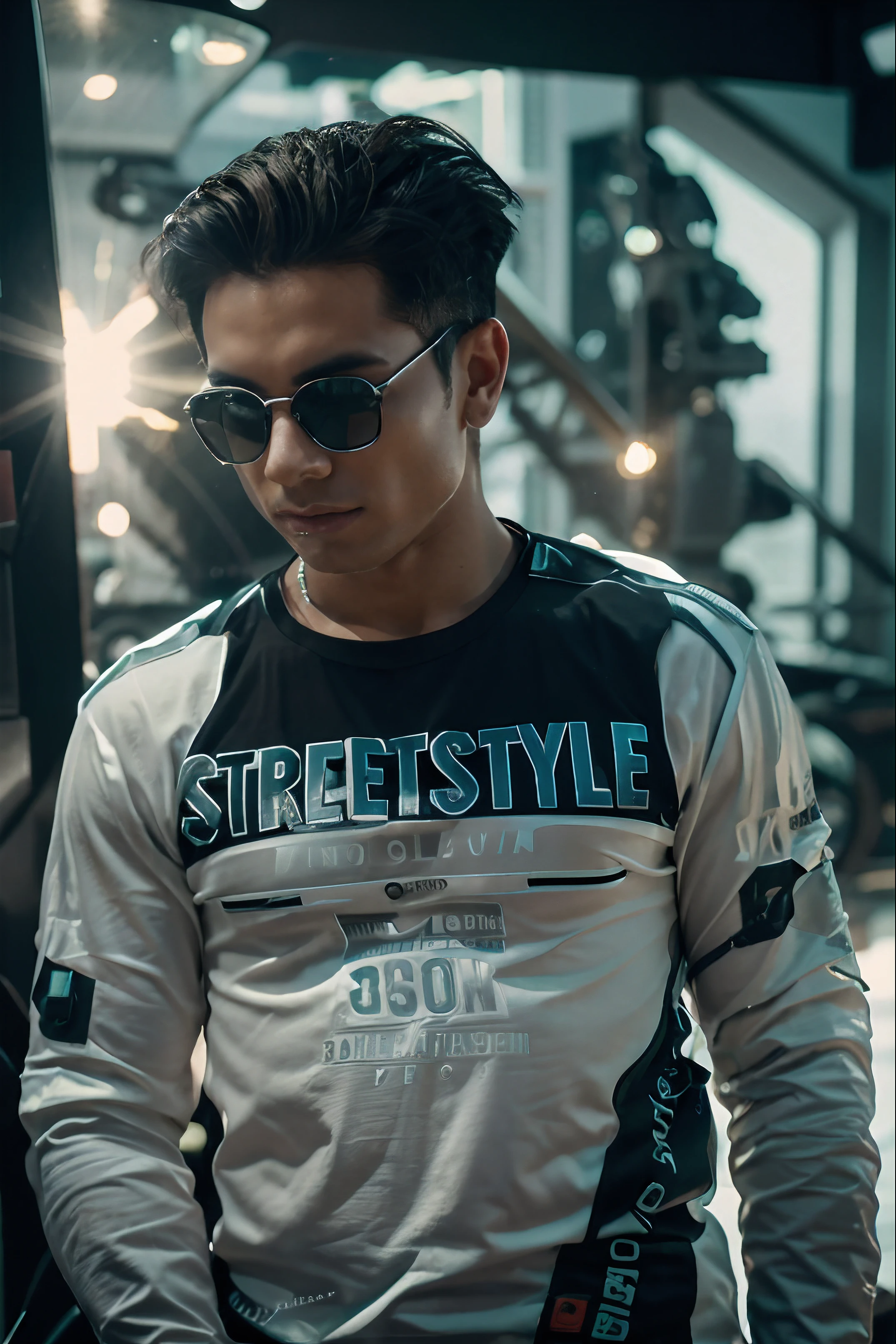 A bodybuilder boy with futuristic background in light with lamborghini