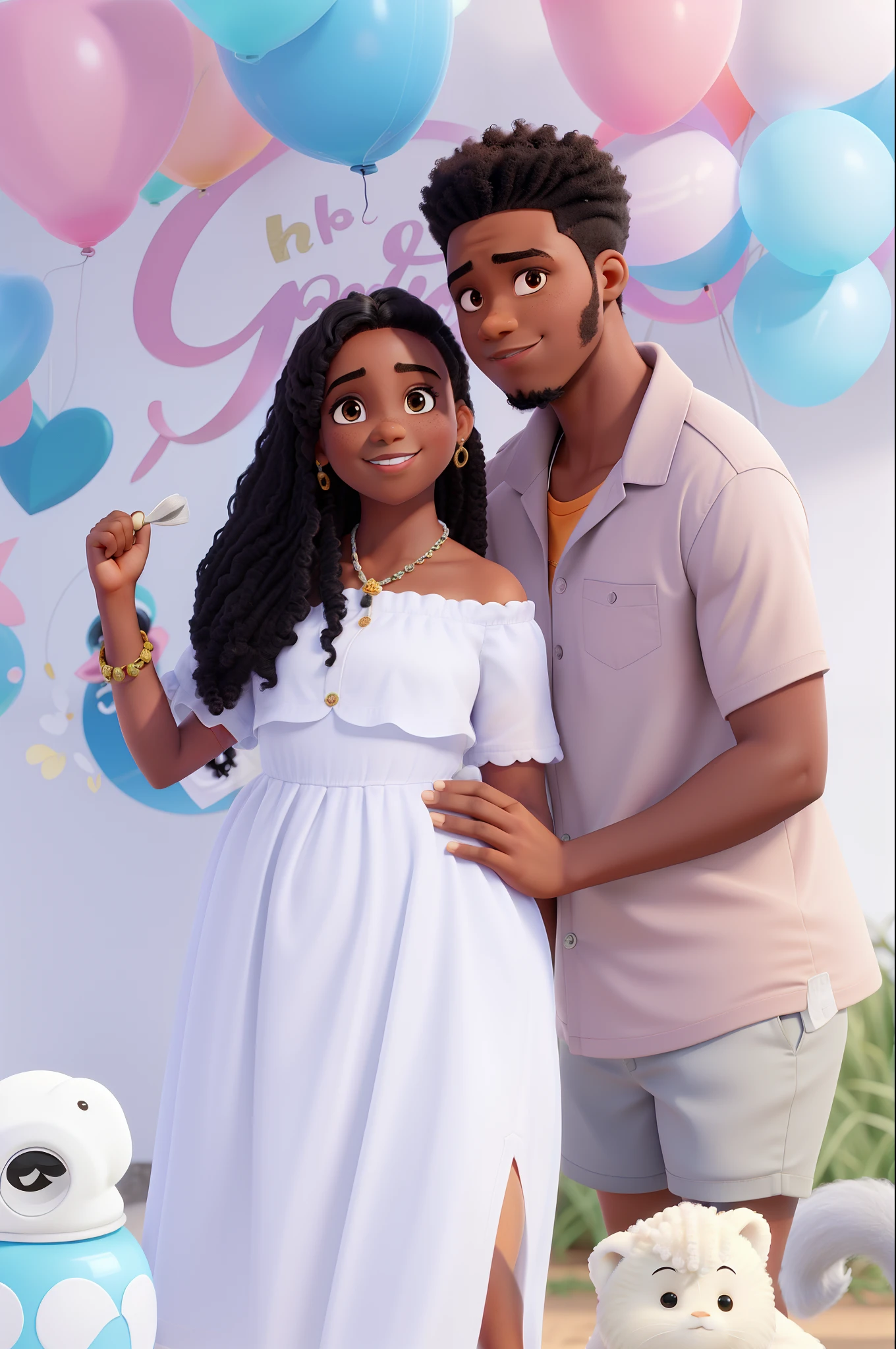 um garoto negro de cabelo afro cacheado e uma garota gravida, iluminado pela luz do sol, alta qualidade