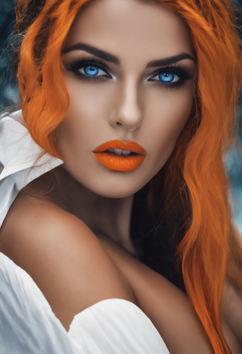 Big boobs, wet, NSFW, black and white hair, blue eye orange eye, biting lip