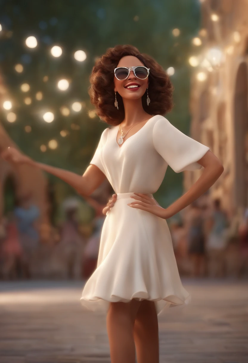 "(best quality,ultra-detalhado,Realistic:1.37),3D rendering,illustration,design de personagens,cabelos curtos e cacheados escuros,belos olhos detalhados,wearing white glasses,Estilo Pixar,morena mulher,Dancing on the Disney stage,atmosfera animada,vivid colors,luzes de palco,expression joyful"