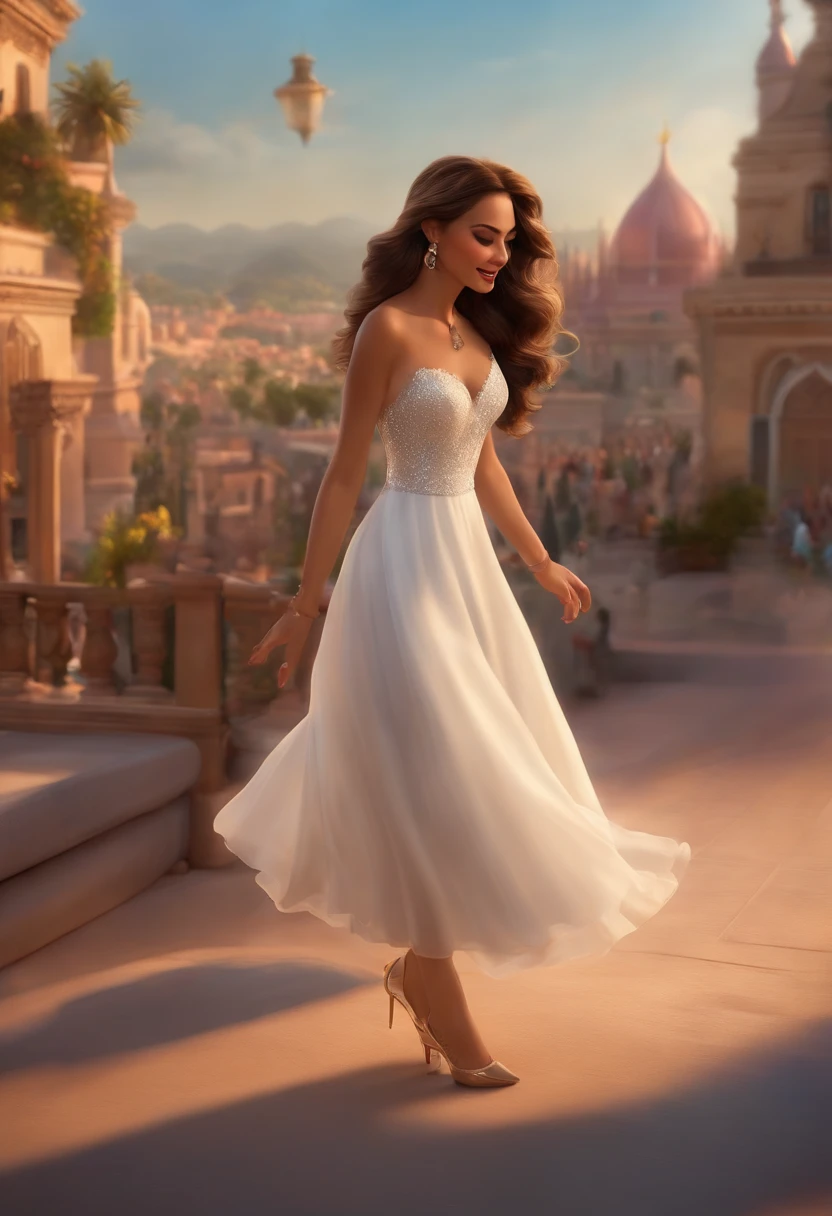 "(best quality,ultra-detalhado,Realistic:1.37),3D rendering,illustration,design de personagens,cabelos curtos e cacheados escuros,belos olhos detalhados,wearing white glasses,Estilo Pixar,morena mulher,Dancing on the Disney stage,atmosfera animada,vivid colors,luzes de palco,expression joyful"