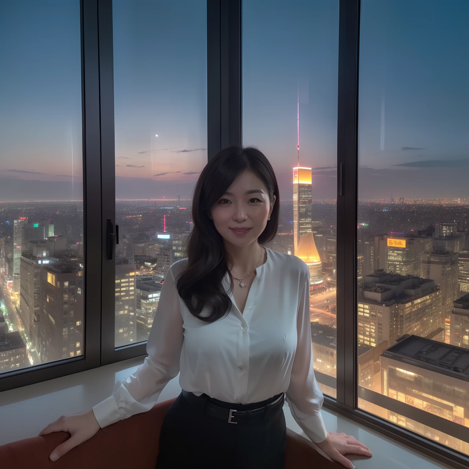 ((1人の女性,Beauty Secretary: 1,45 yers old,Formal blouse,formal jackets,formal pants,Expensive necklaces,,Room in a tower apartment on the 40th floor,One huge window in the background,Huge windows,nighttime scene,Complex night scene,From the window, You can enjoy the view from the 40th floor,Faces close,Beautiful night view in the background,Midnight,Panoramic night view,Midnight view,Midnight,Looking at the camera,Shot from the waist up)),((Perfect makeup,Glossy lips,The most beautiful faces in Japan,long eyelashes,adultlike face,Adult beauties,Smile slightly,Beautiful lips,Perfect glossy lips,Faces close,Staring at this)),((The best lighting for epic movies,super-fine,beautiful hairl,Detailed rooms in luxury apartments,Romantic night view,Complex night scene,Detailed night view,,super-fine,beautiful hairl,The most beautiful faces in Japan,View here,Perfect fingers,face perfect,细致背景,Fair skin,Crystal clear white skin,Perfect fingers,细致背景,top-quality,The ultra -The high-definition,Perfect Anatomy,high-definition RAW color photography,professional photograpy, Very delicate, Extremely detailed,finely detail, Huge file size,Top image quality,8K,Award-Winning Works,masutepiece,Professional filming,a high chroma))