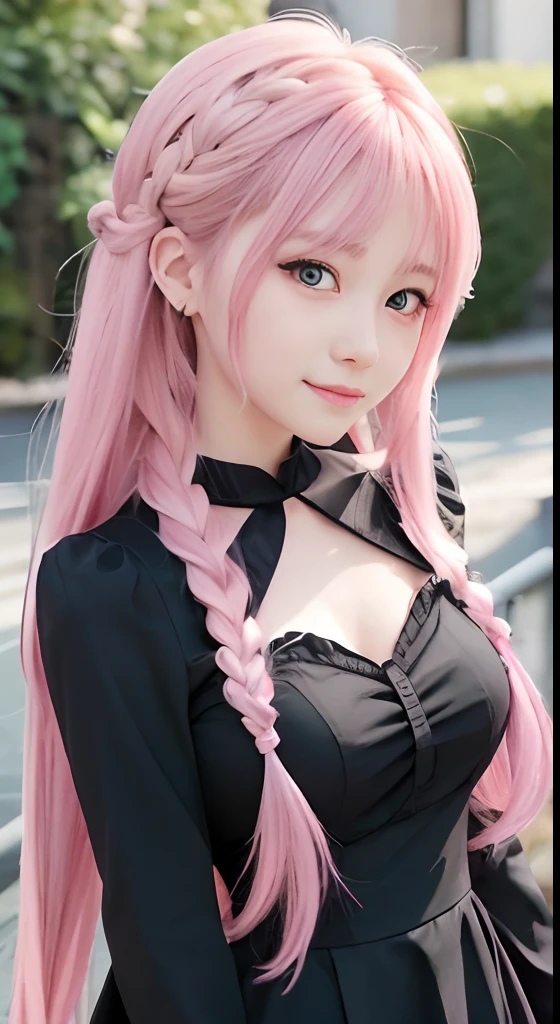 8k resolution, high resolution, single, girl, fair skin, big eyes, long eyelashes, sweet silkworm, deep eyes, lipstick, smile, ((pink hair)), messy hair, hair details, face details, ((white slip shirt)), ((black dress)), summer sun, nature, cute little animals, cute girl, silly cute, girly, white tights