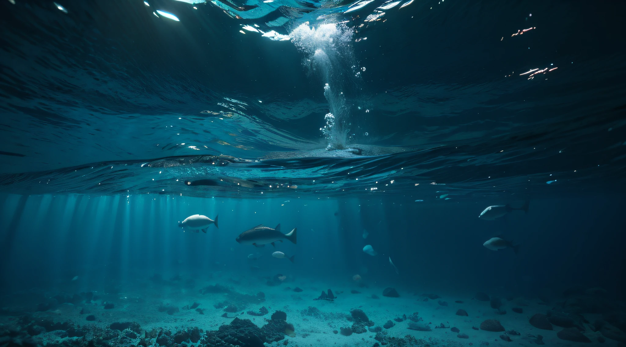 bottom - view, Volumetric underwater lighting, Wang Chen, floats underwater in the sea, Shinkai, Bottom view, light from bottom,, ocean floor, matoko shinkai, Underwater, abyssal, middle of the ocean