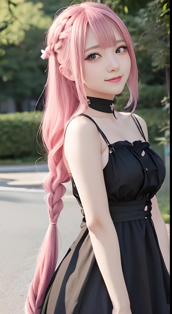 anime girl with long hair and black dress posing for picture、(A smile:1.5)、sayori, Anime visuals of cute girls, anime moe art style, loli in dress, anime girl wearing a black dress, pretty anime girl, (Anime Girl), Cute anime girl, Cute anime waifu in a nice dress, charming anime girls, Beautiful anime girl, Rin, Smooth Anime CG Art、(Pink hair), Ear Hair, small tits, Single braid, (Single braid), (Side braid)