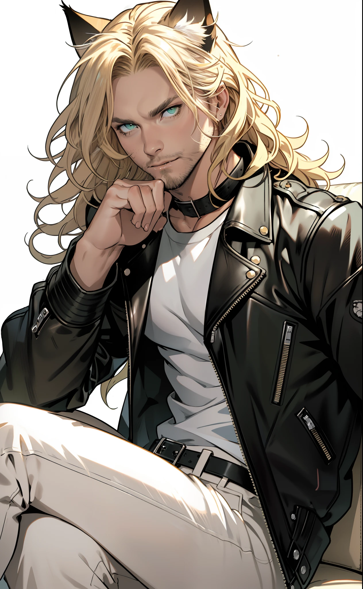 leather jacket, one male, cat ears, long hair, blond, blond hair, green eyes, tall, muscular, white shirt, beautiful face, highest quality, masterpiece, 2d, anime, perfect face, highest detail, feline eyes, stubble, cat tail, wavy hair, far shot, detailed face, intricate details, sitting on white couch, white background