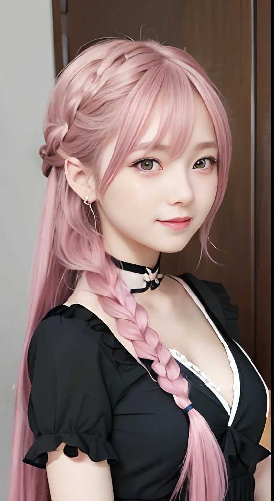 crie uma imagem realista de uma mulher de etnia japonesa, com cabelos longos e pretos, com olhos grandes, boca pequena rosada, bochechas levemente rosadas, com um sorriso encantador e safado ao mesmo tempo.