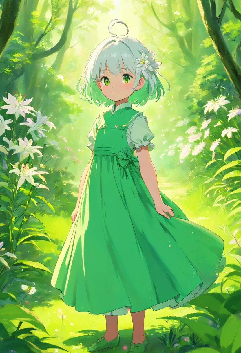 A very small girl with white hair and bright green hair is dressed in a dress according to the concept of a Lycoris flower