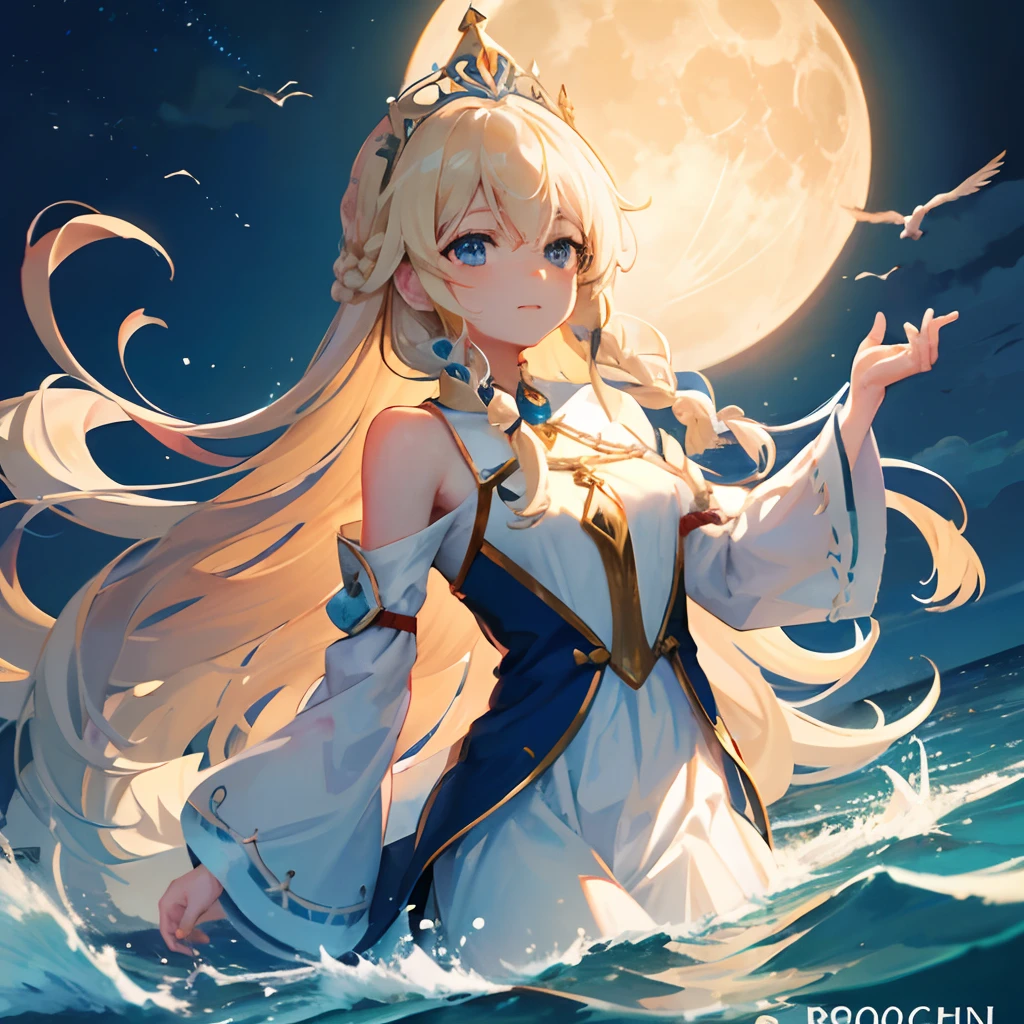There is one girl coming out of the sea, Swan princess in Russian mythology, Beautiful calm face, Blue eyes, Blonde long hair braided into one braid, The lunar moon is woven into the hair on the back of the head, White old Russian shiny clothes, Kokoshnik crown on her head, Affectionate look, half laugh, A gentle look on his face, Seascape and sunlight on background, Seagulls in the sky, full-length,  Photorealism, anime style