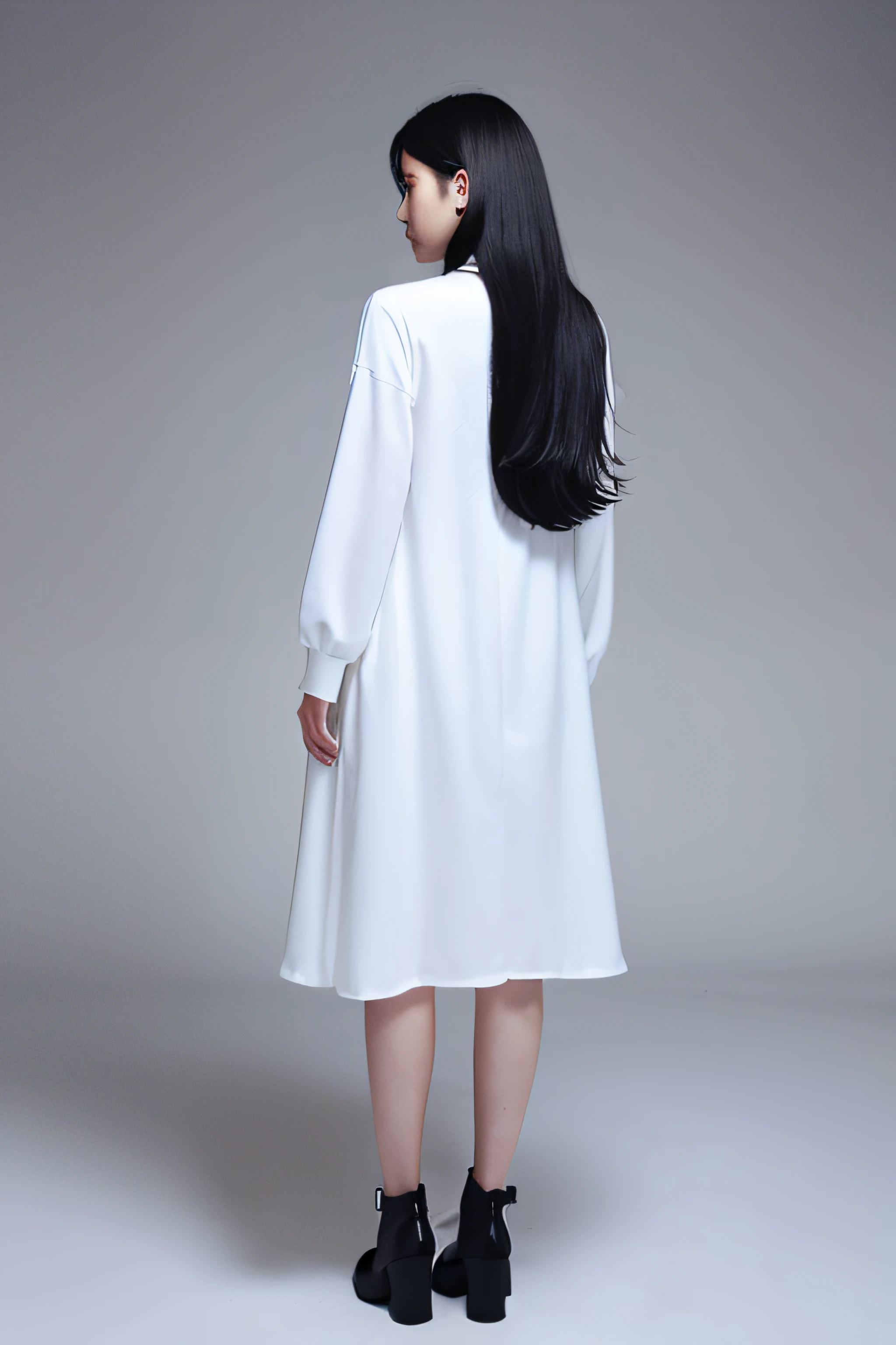 standing, backward, turn back, see sky, black long hair, wear white long dress, long sleeve white dress, black background, whole body, full body, background blackout, look back away,