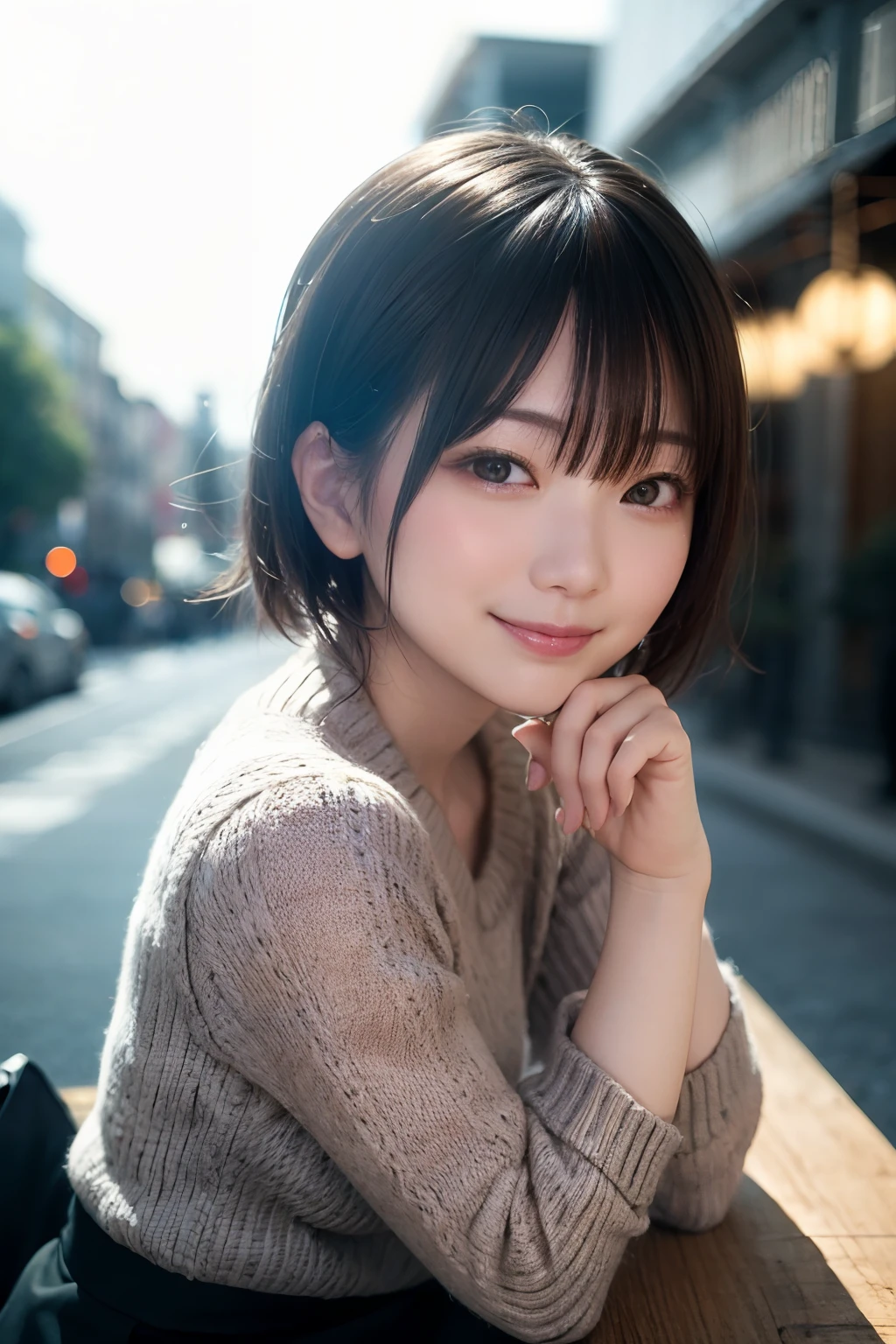 Best-quality, Masterpiece, Ultra-High-Resolution, (Photorealistic:1.4), Raw-Photo, 1girl, 15-years-old, the most famous Japanese idol, innocent smile, extremely cute face like the most popular Japanese idol, extremely beautiful big-black-eyes like the most popular Japanese idol, extremely beautiful black-short-cut-haired